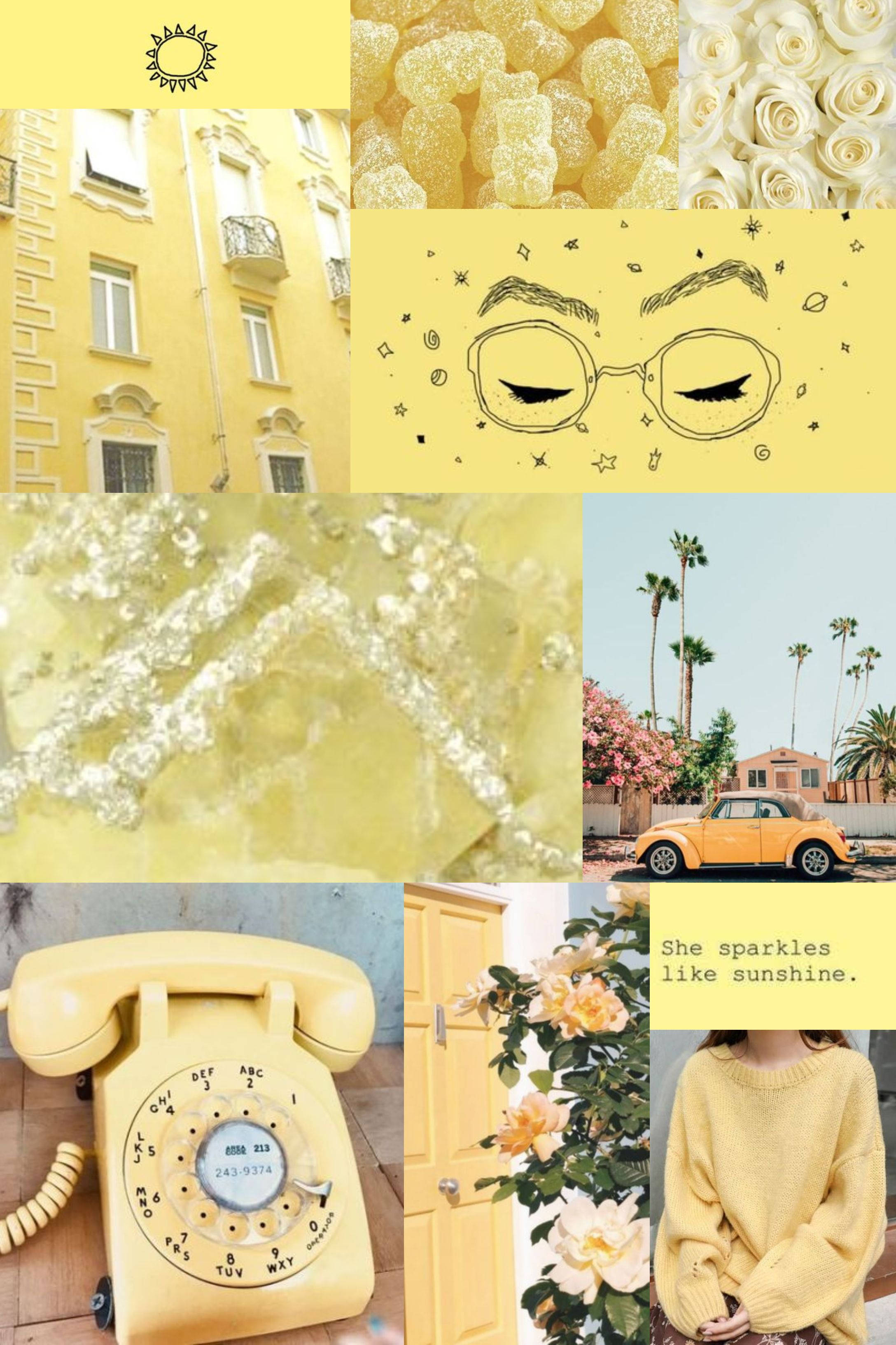 pastel yellow aesthetic collage, vintage phone, roses, 2K Phone Wallpaper