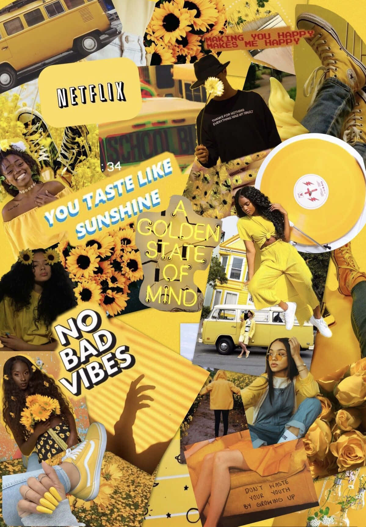 yellow aesthetic collage, sunflowers, van, HD Phone Wallpaper