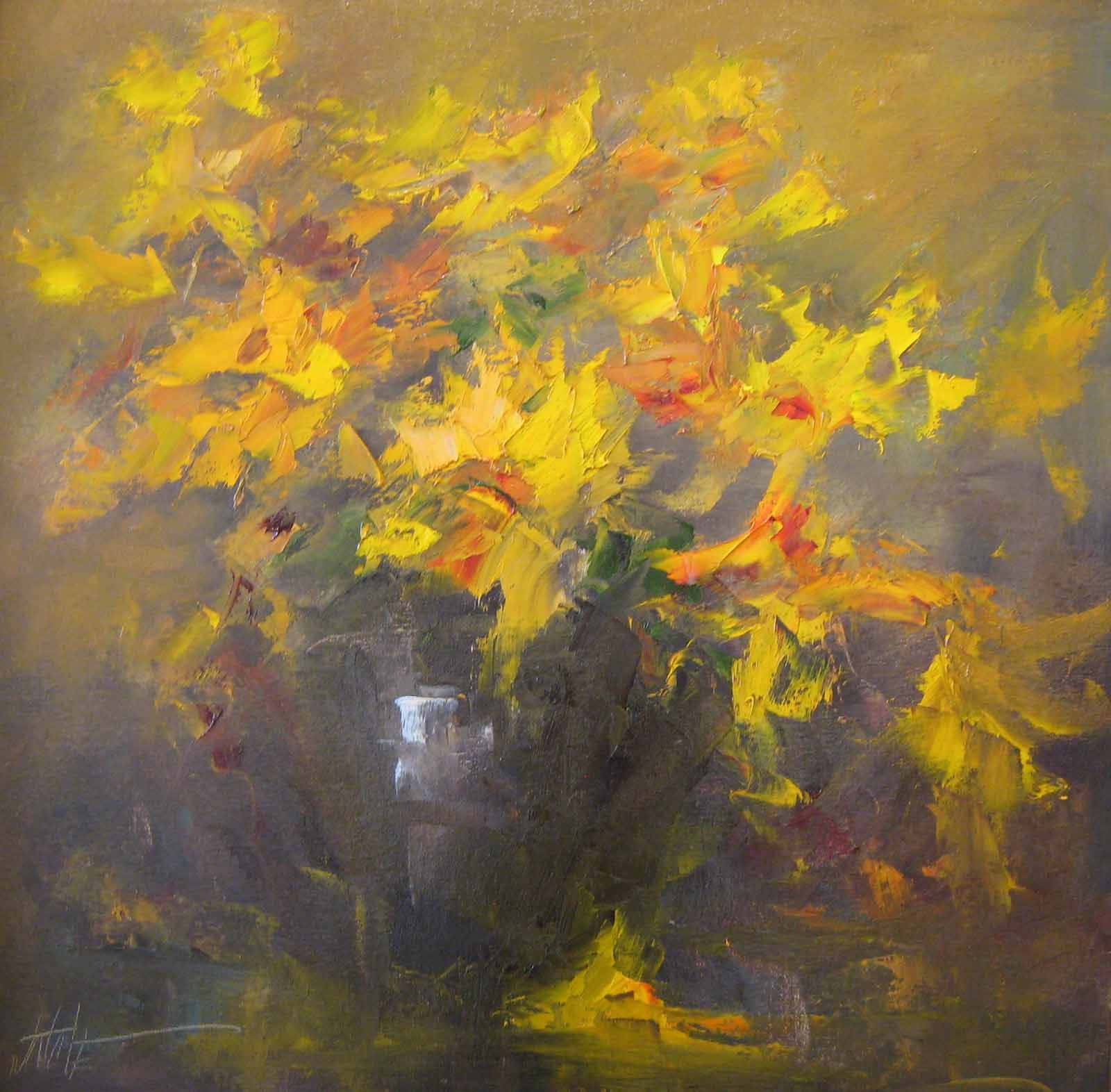 Vibrant yellow, Orange leaves, Dark vase, HD Desktop Wallpaper
