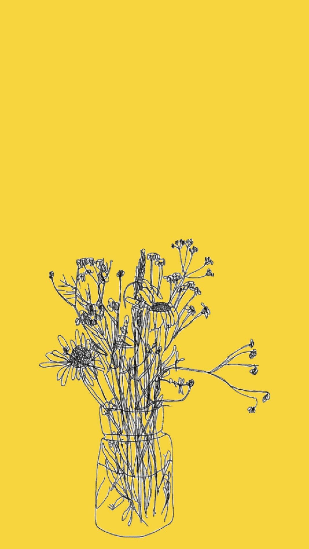 yellow aesthetic computer, minimalist line drawing, wildflowers, HD Phone Wallpaper