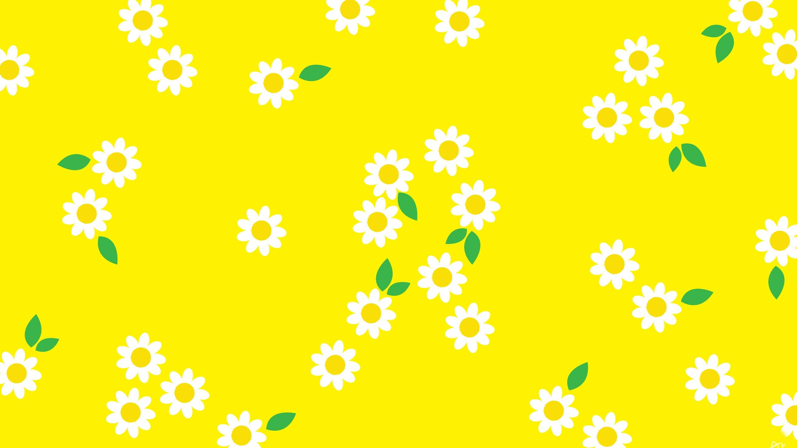 yellow aesthetic computer, vibrant yellow background, scattered white daisies, 2K Desktop Wallpaper