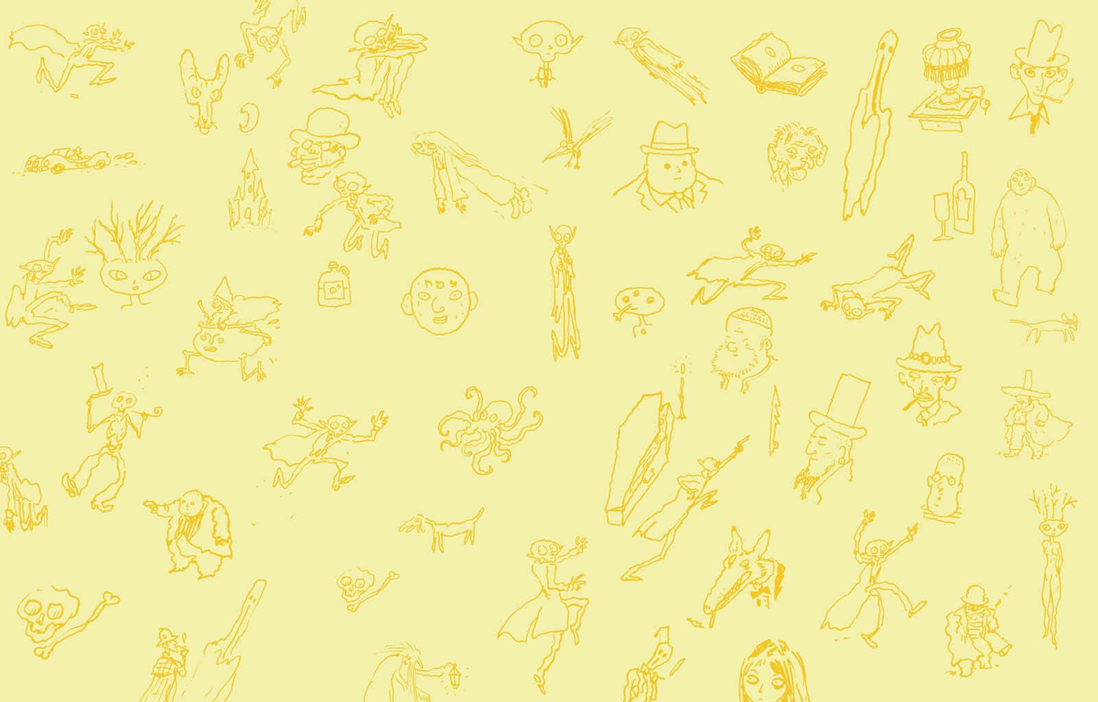 yellow background, hand-drawn cartoon characters, playful doodle style, HD Desktop Wallpaper
