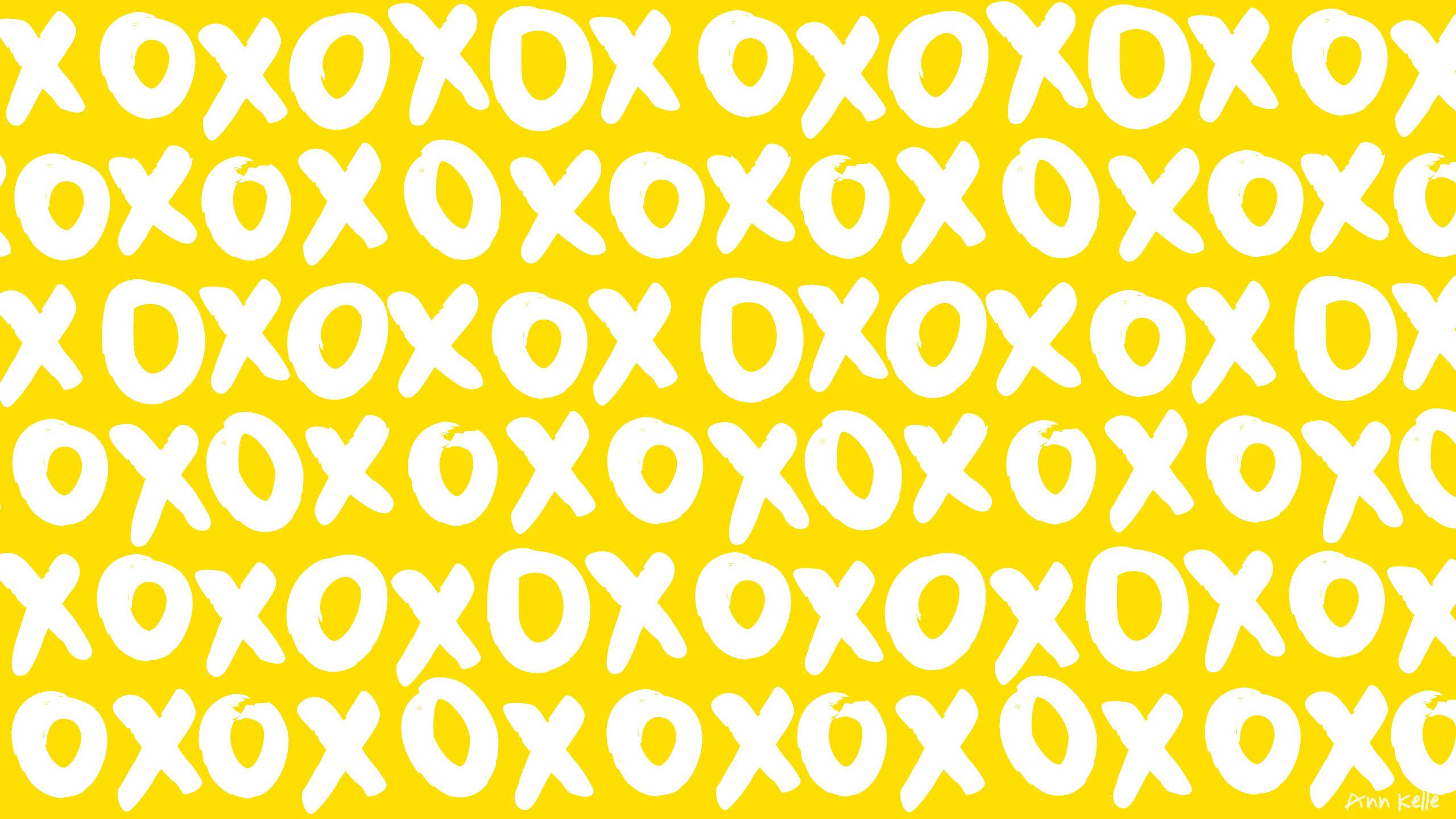 yellow background, white hand-drawn X and O shapes, playful pattern, 2K Desktop Wallpaper