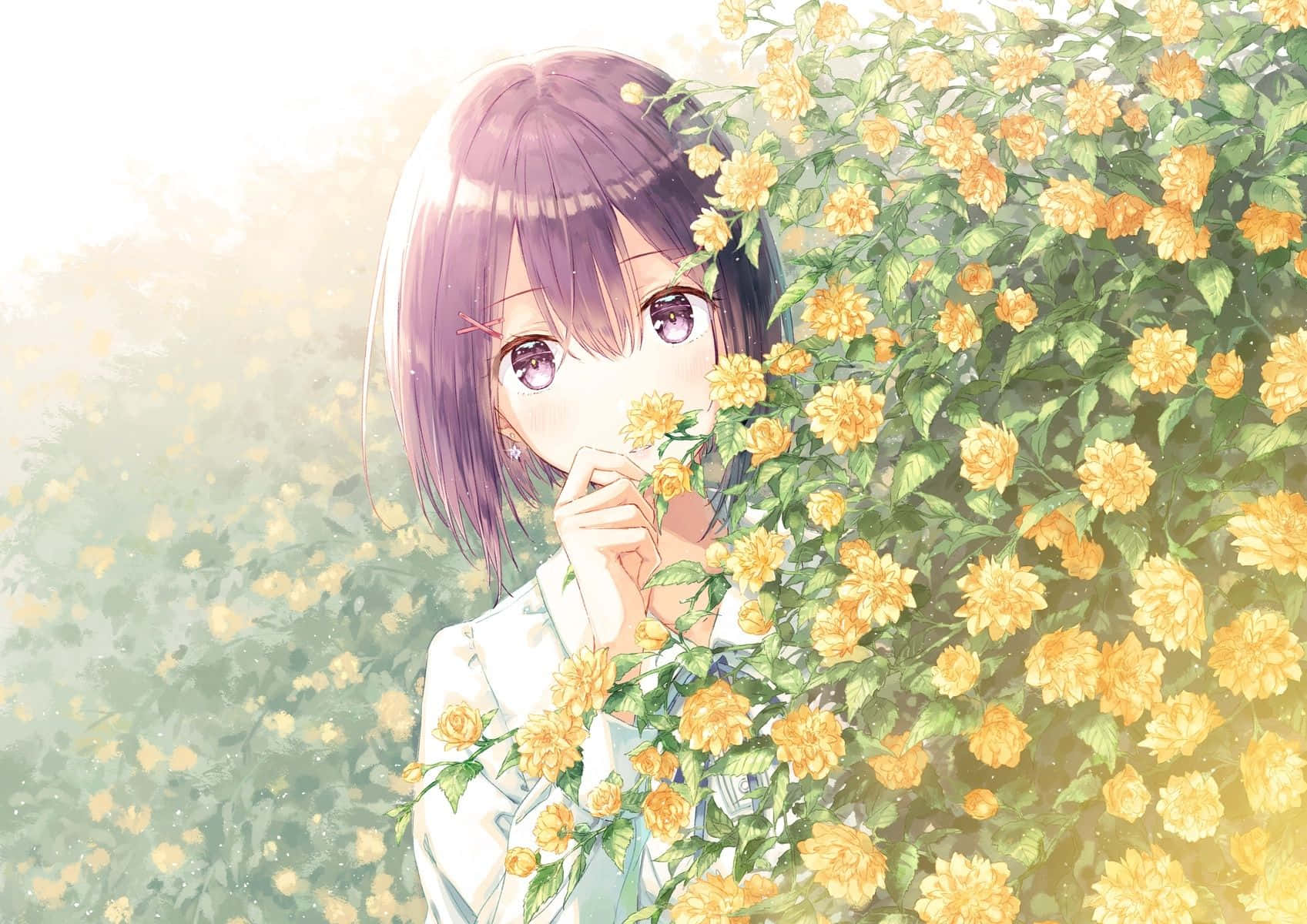 purple-haired anime girl, vibrant yellow rose bush, soft sunlight, HD Desktop Wallpaper