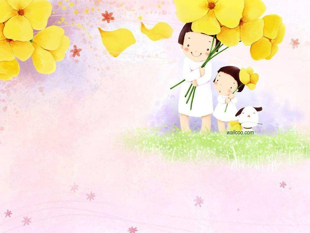 yellow flowers, cartoon mother and child, white dresses, SD Desktop Wallpaper