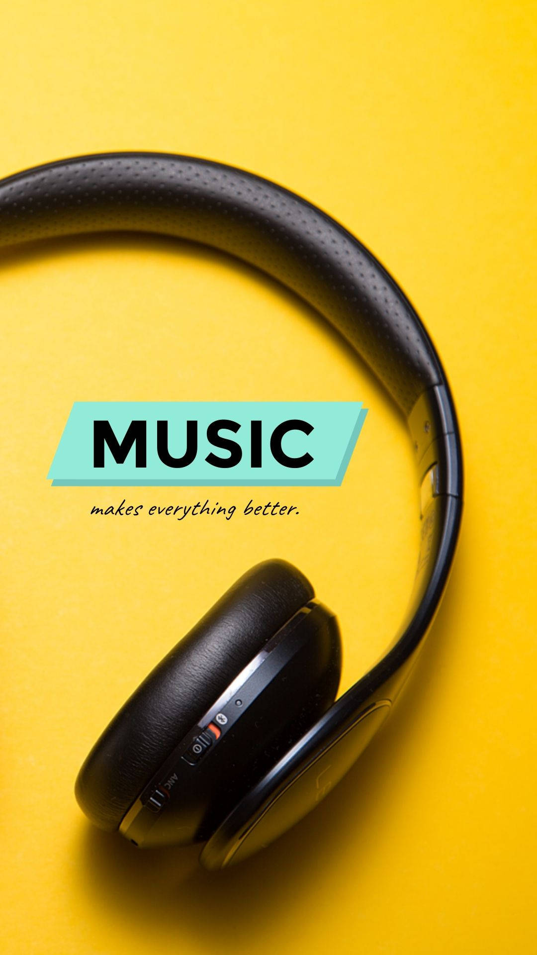Black over-ear headphones, vibrant yellow background, bold text, Full HD Phone Wallpaper