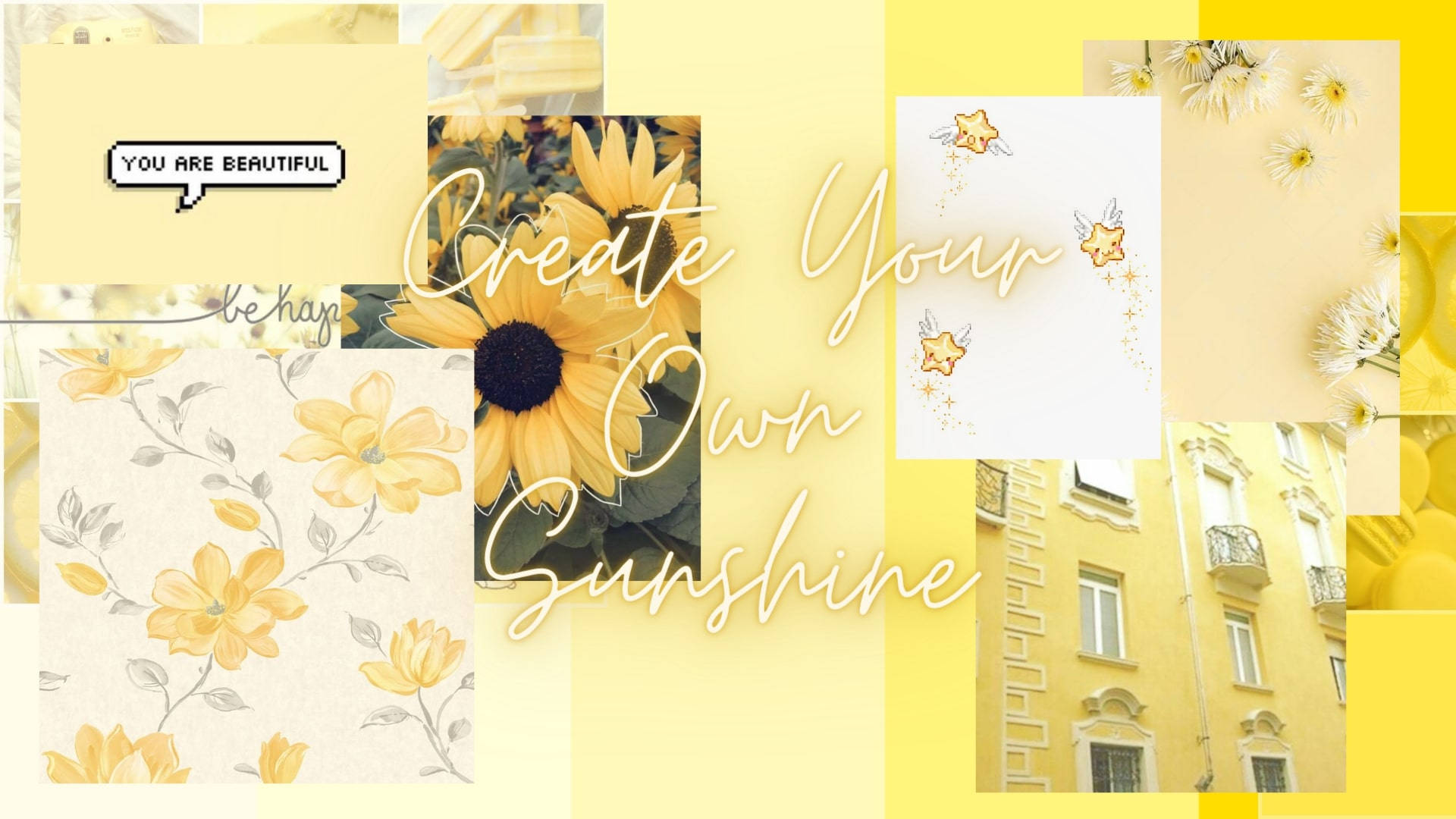 yellow collage, sunflowers, floral patterns, Full HD Desktop Wallpaper