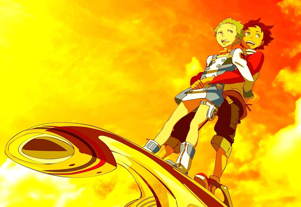 yellow anime, futuristic surfboard, fiery orange and yellow sky, SD Desktop Wallpaper