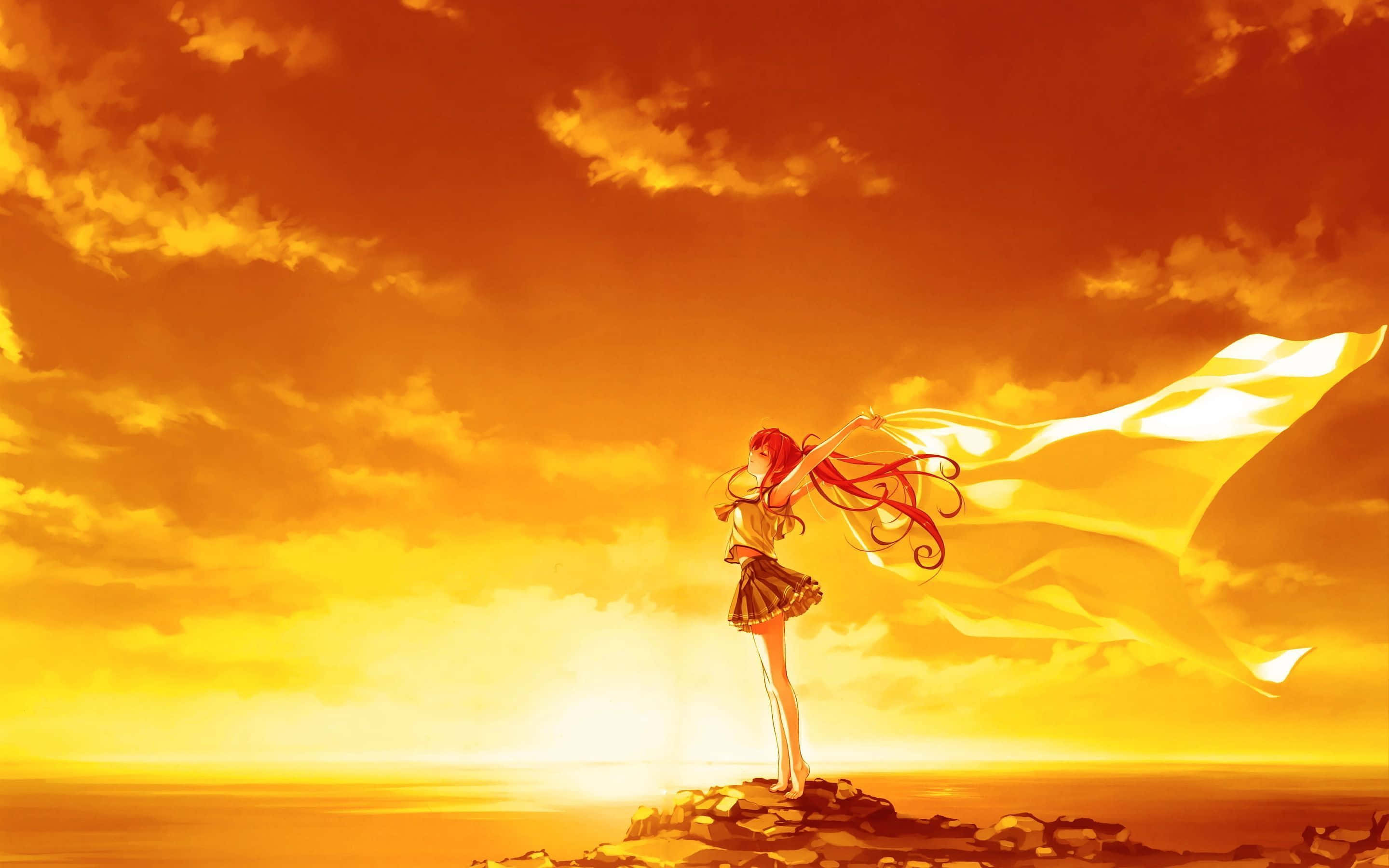 Yellow Anime, red-haired anime girl, rocky cliff, 2K Desktop Wallpaper