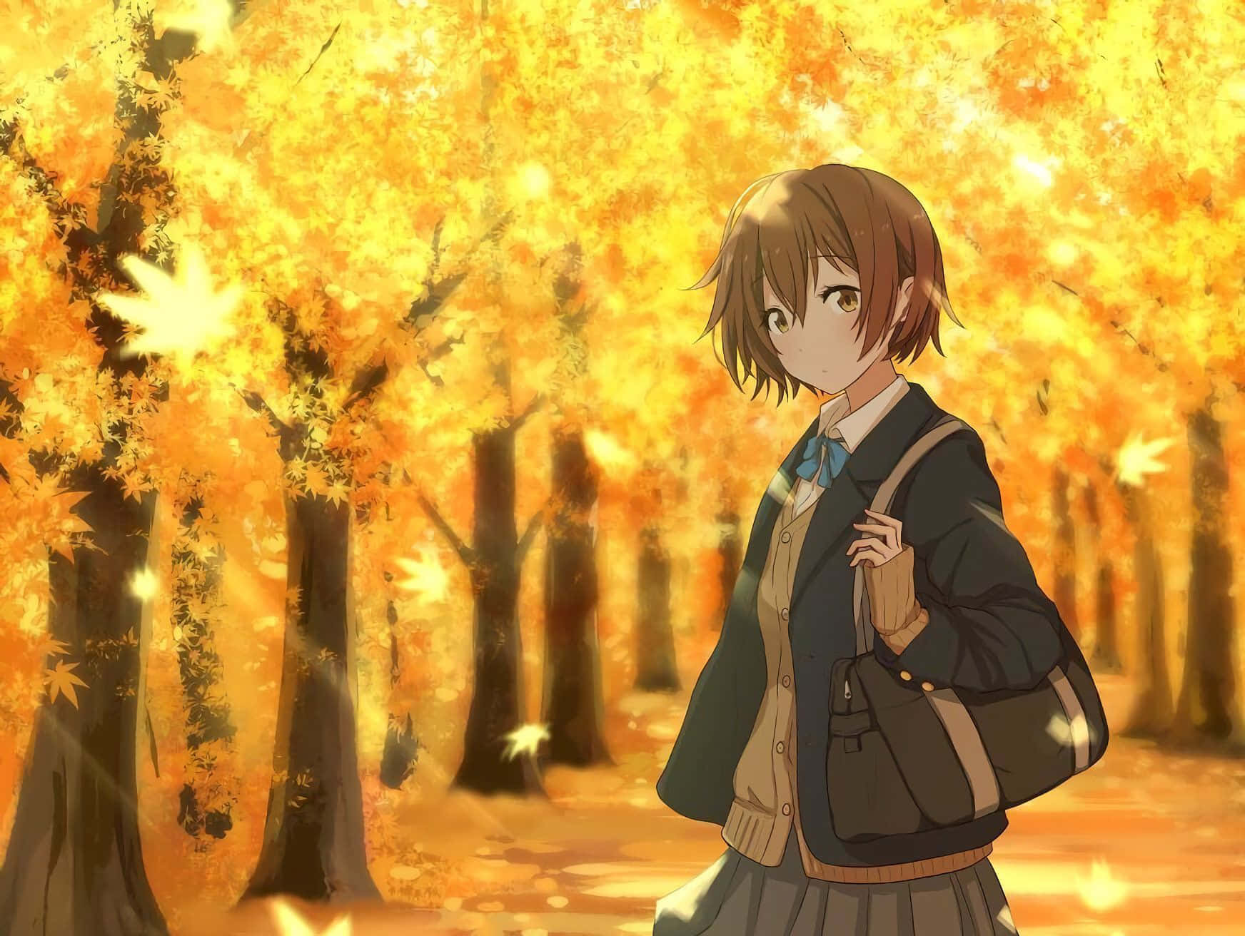 Yellow Anime, anime school girl, golden autumn forest, HD Desktop Wallpaper