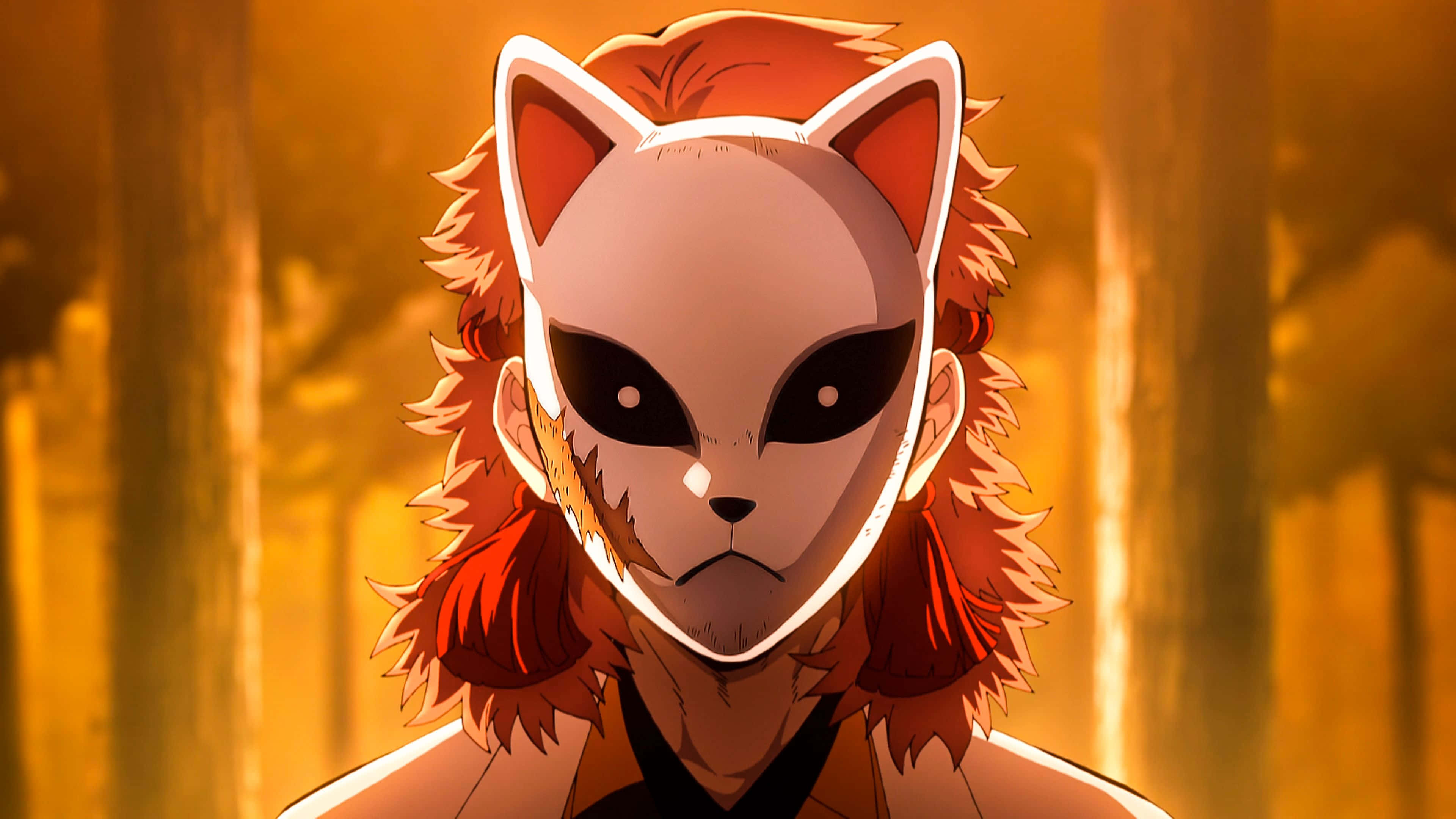 fox-masked anime character, fiery orange hair, glowing golden forest, 4K Desktop Wallpaper