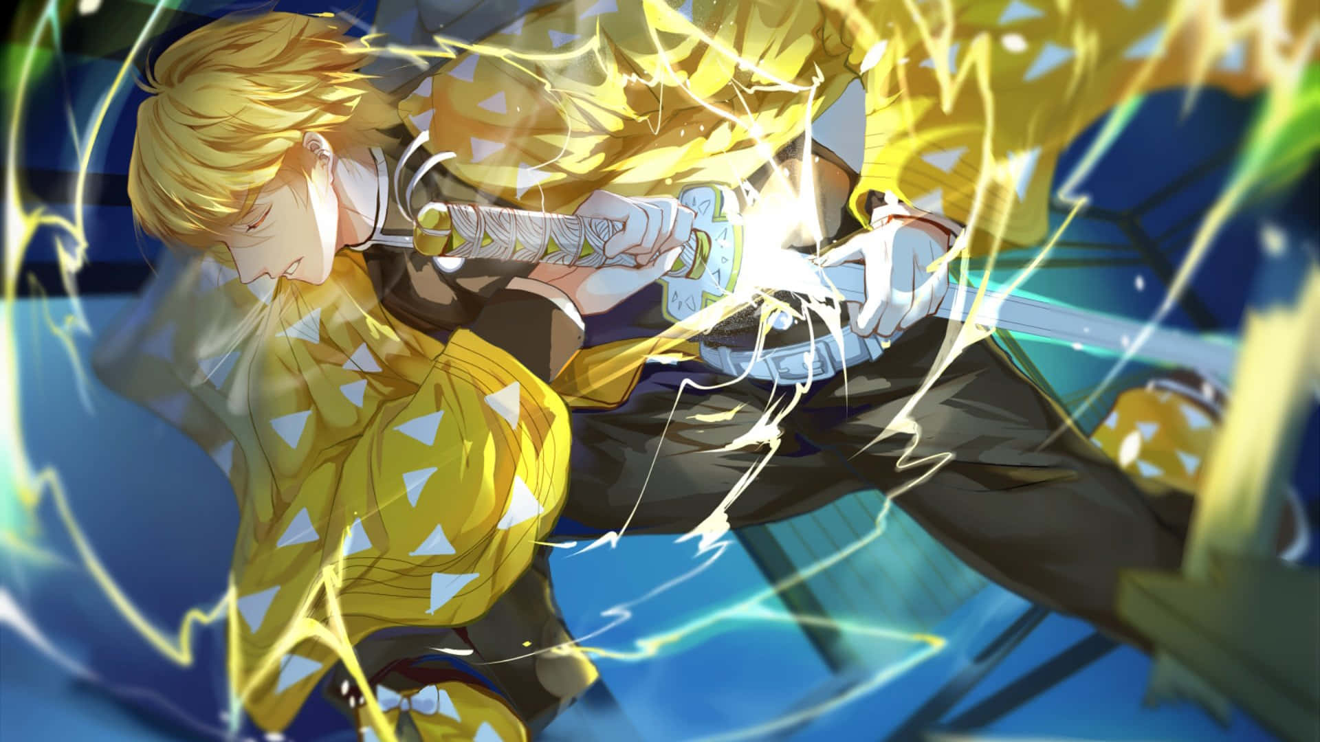 Yellow Anime, golden-haired anime warrior, yellow patterned kimono, Full HD Desktop Wallpaper