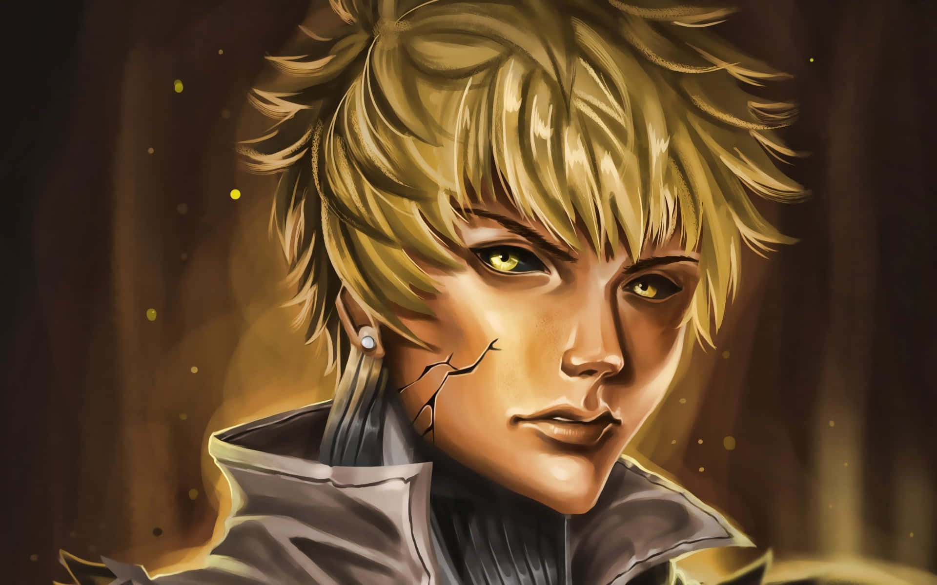 blonde-haired anime character, glowing green eyes, crack on their cheek, Full HD Desktop Wallpaper