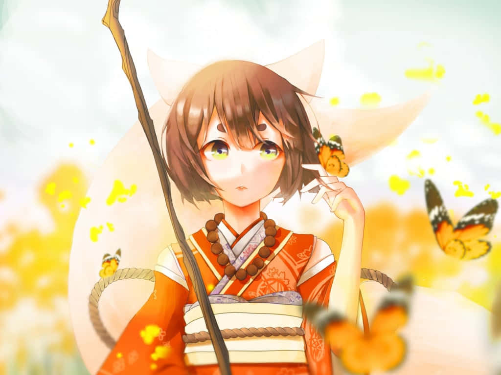 yellow anime, fox ears, orange kimono, SD Desktop Wallpaper