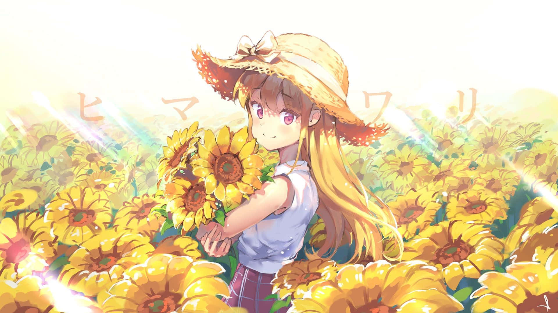 anime girl, straw hat, sunflowers, Full HD Desktop Wallpaper