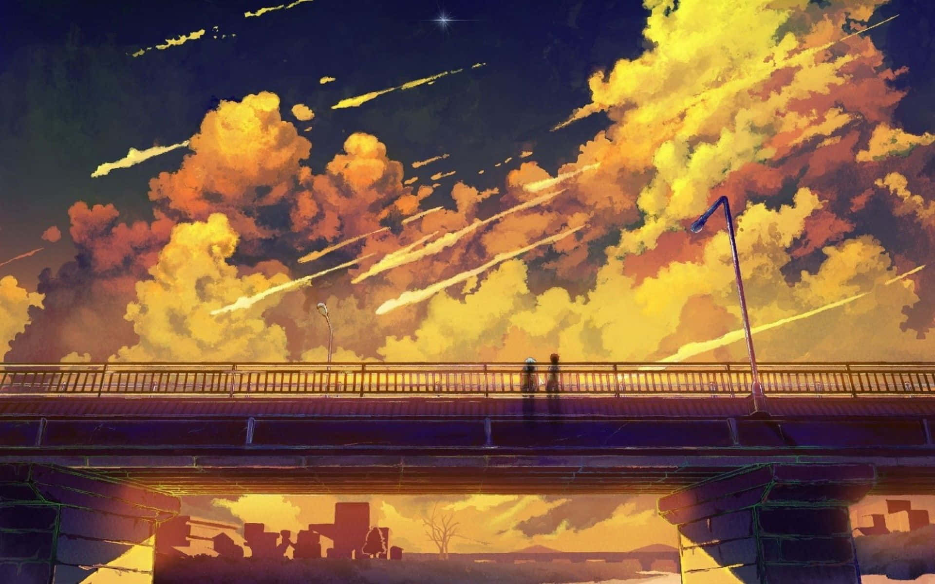 yellow anime, bridge, dramatic sky, Full HD Desktop Wallpaper