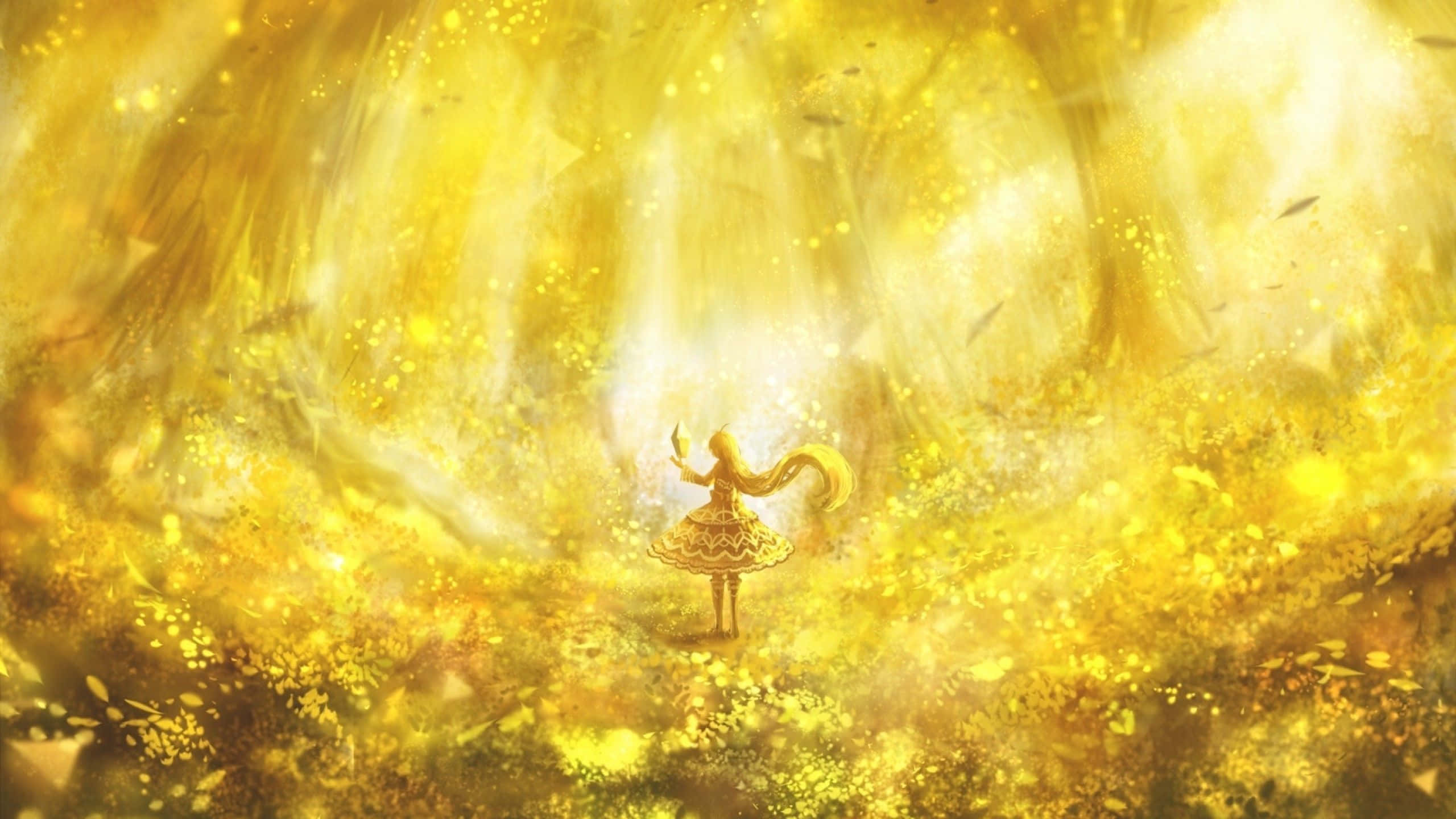 yellow anime, anime girl, golden dress, 2K Desktop Wallpaper