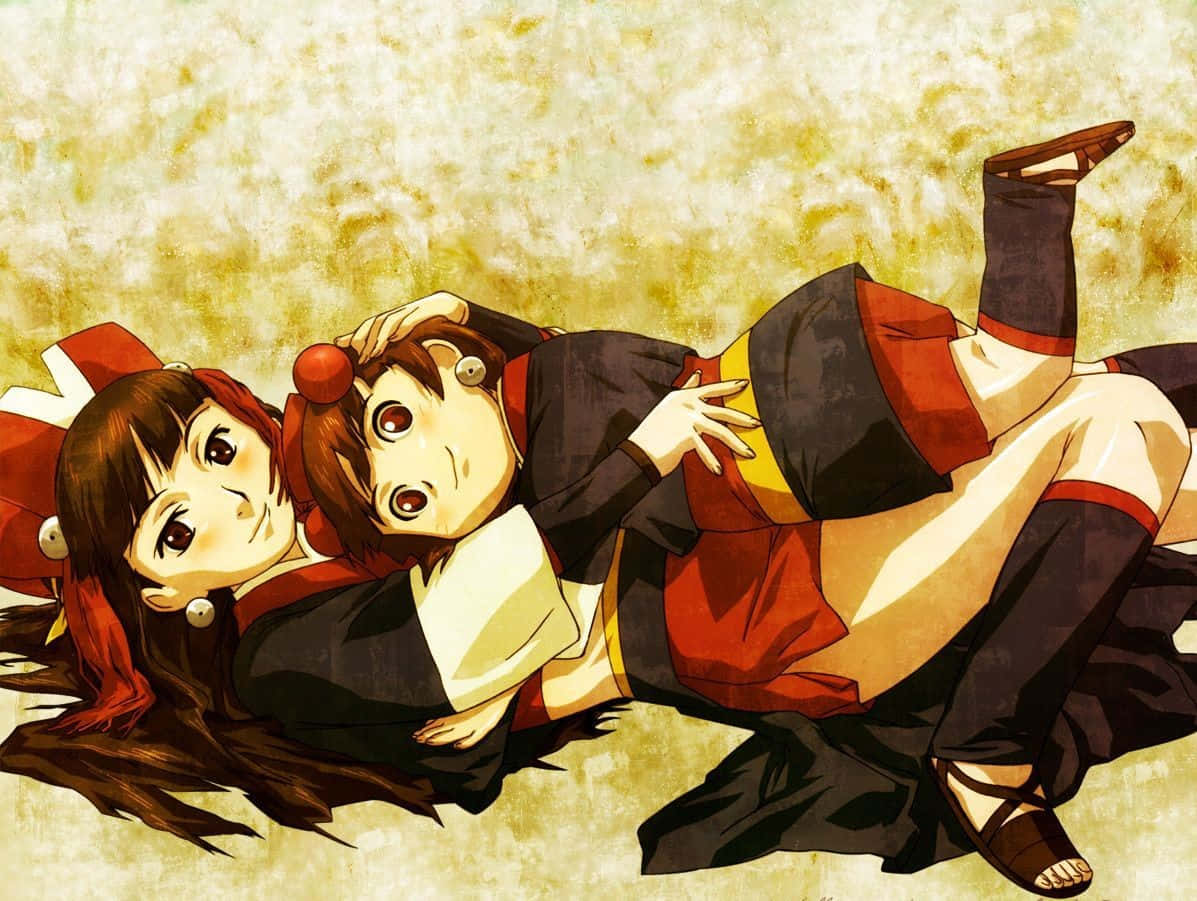anime girls, traditional robes, textured golden background, SD Desktop Wallpaper
