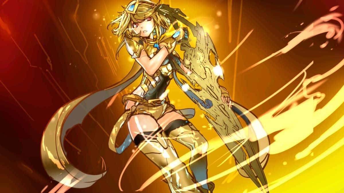 Yellow Anime, golden-armored anime warrior, flowing hair, SD Desktop Wallpaper