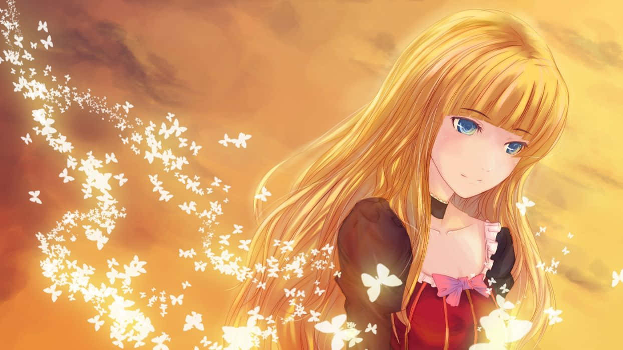 golden hair, blue eyes, glowing white butterflies, SD Desktop Wallpaper