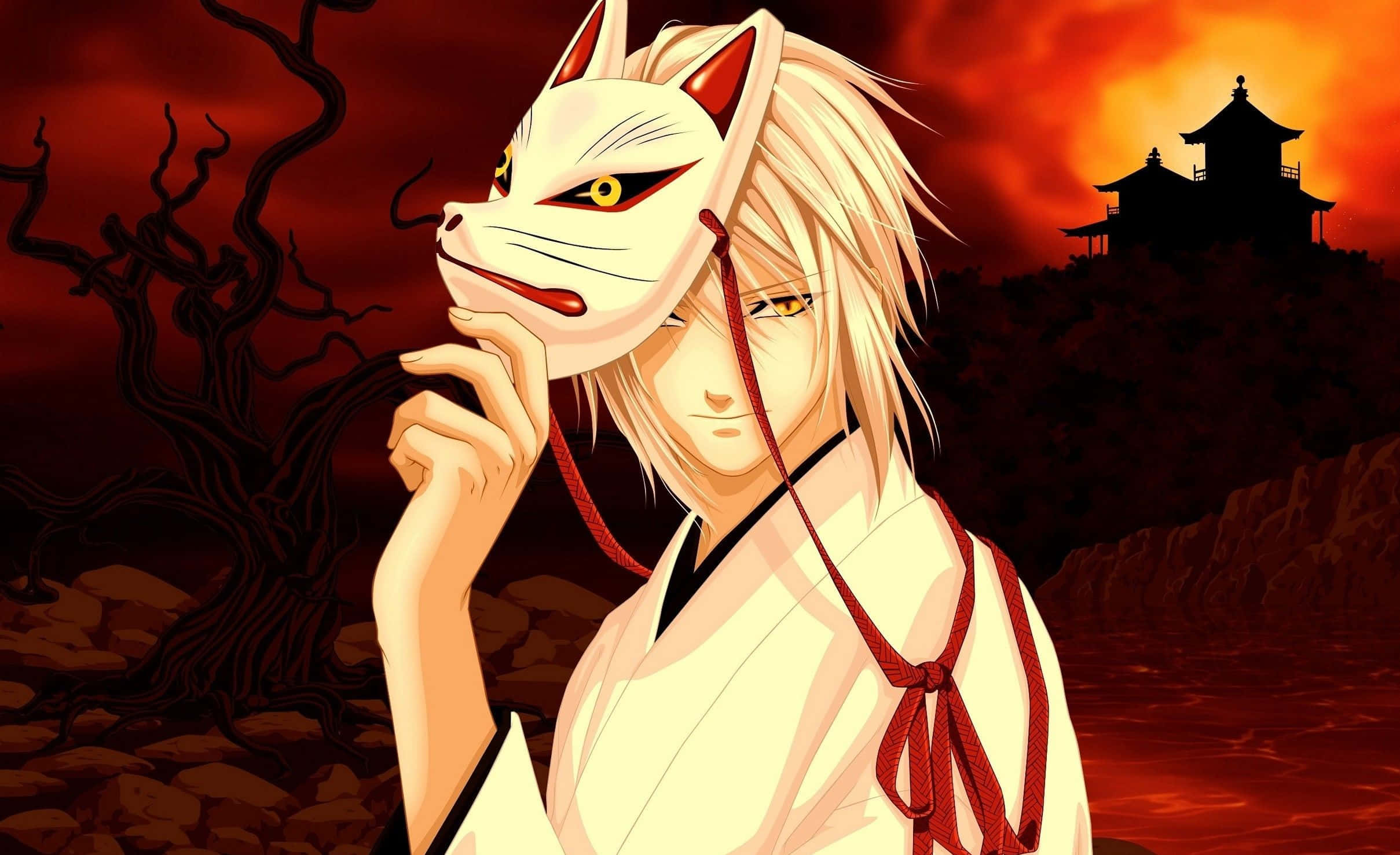 blonde anime boy, white kimono, fox mask, Full HD Desktop Wallpaper