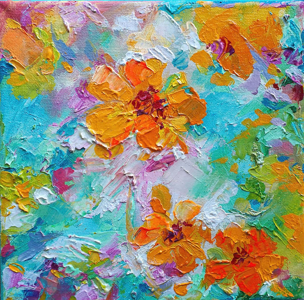 yellow art, orange flowers, swirling blue green and purple background, SD Desktop Wallpaper
