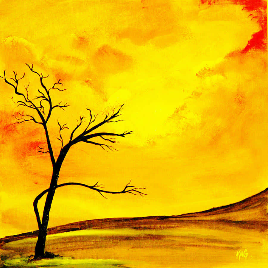 vibrant yellow, orange painted sky, bare tree, SD Desktop Wallpaper