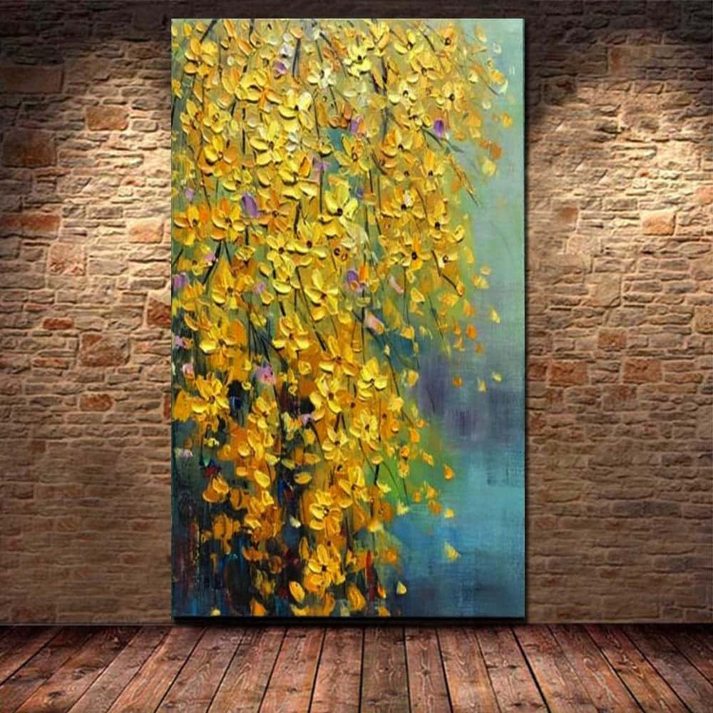vibrant yellow flowers, purple accents, rustic brick wall, SD Desktop Wallpaper