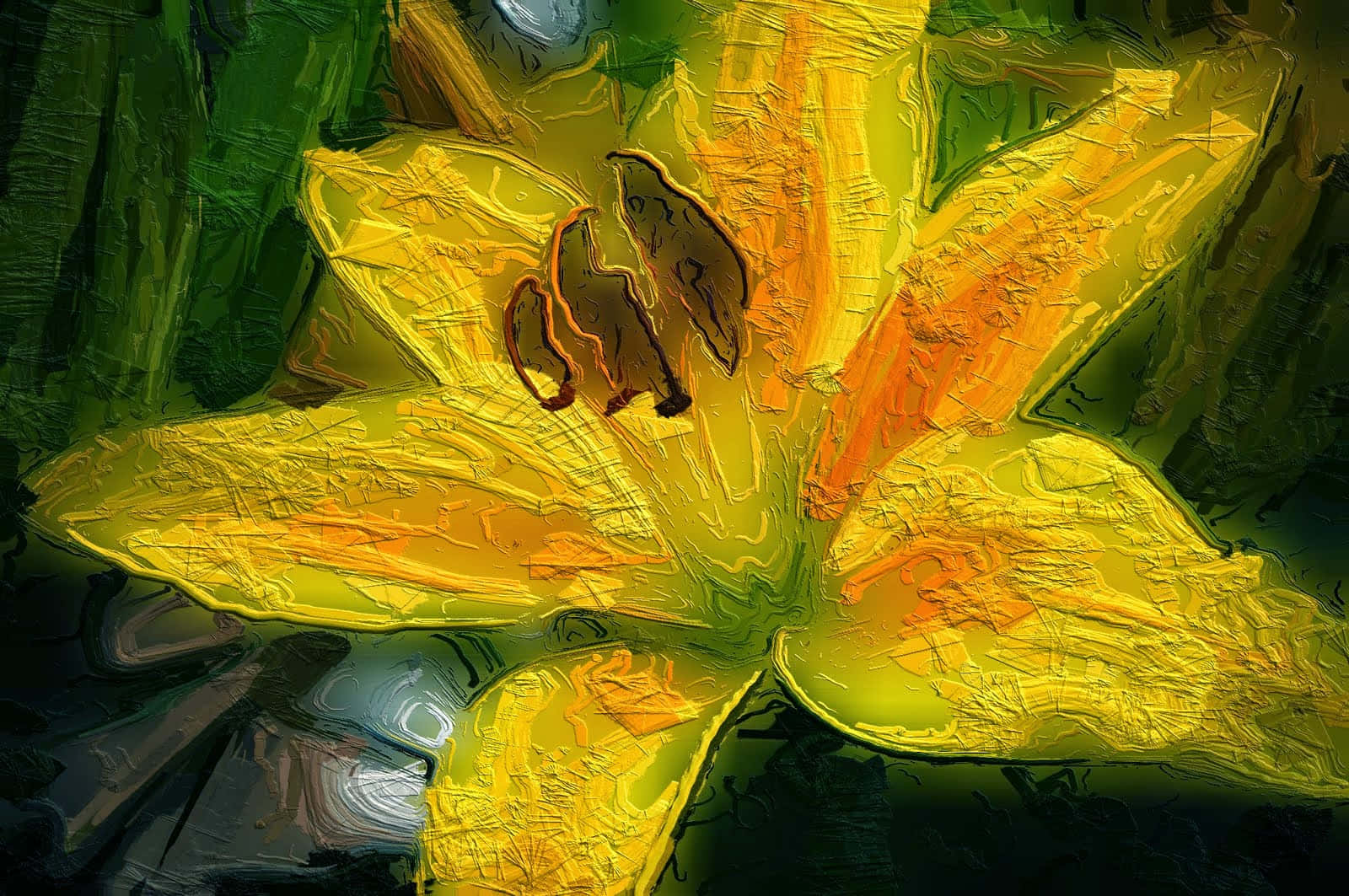 yellow lily, textured brushstrokes, dark green background, HD Desktop Wallpaper