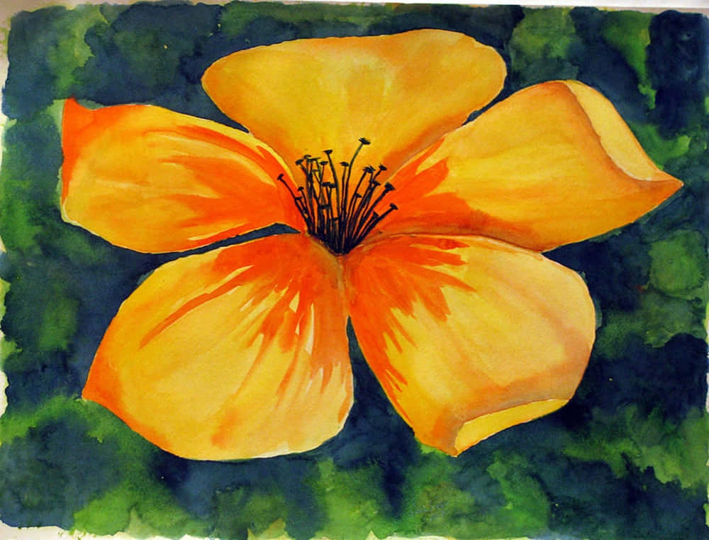 yellow art, orange watercolor flower, dark center, SD Desktop Wallpaper