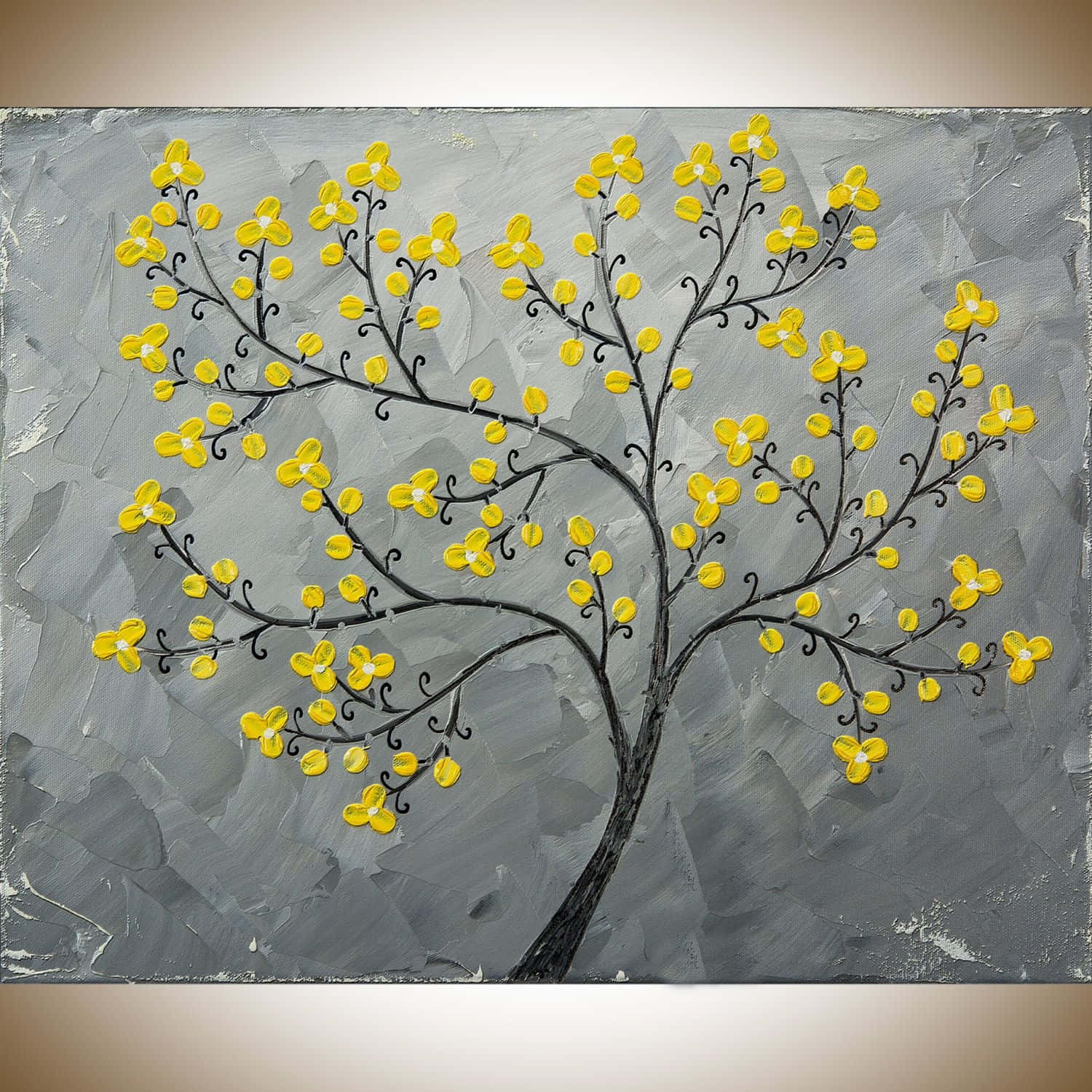 Vibrant Yellow Abstract Art, black branches, bright yellow flowers, HD Desktop Wallpaper