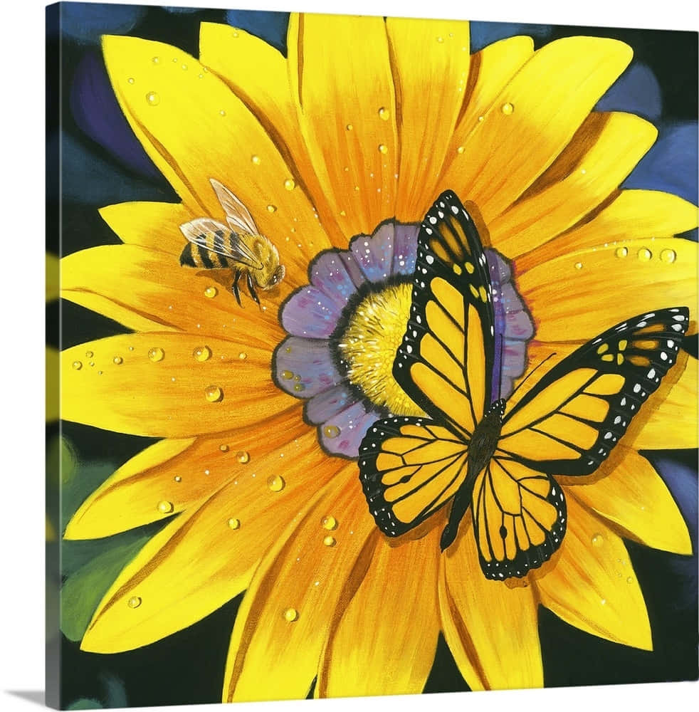 yellow sunflower, monarch butterfly, bee, SD Phone Wallpaper