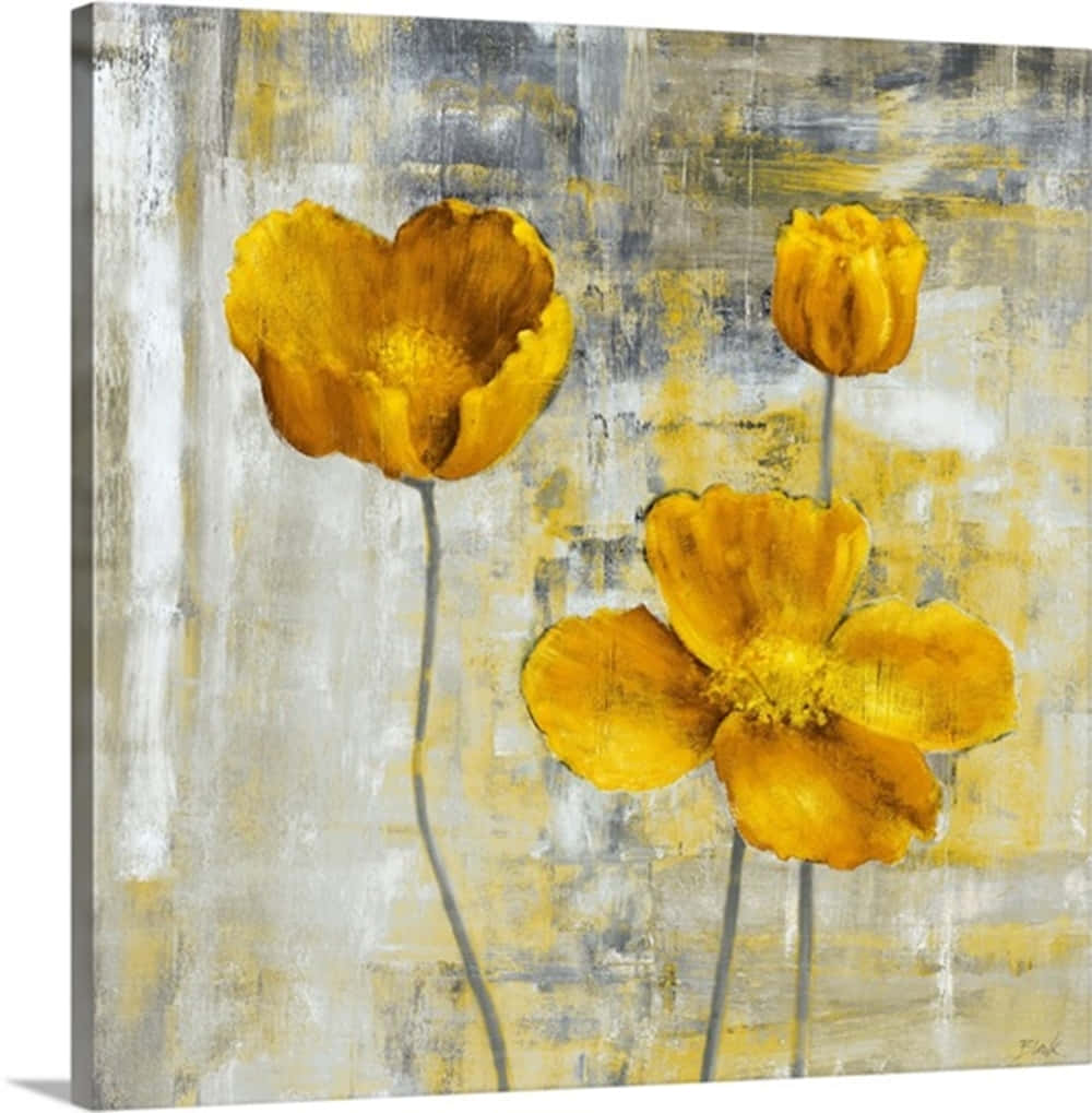 yellow abstract watercolor painting, vibrant yellow poppies, textured gray and white abstract background, SD Phone Wallpaper