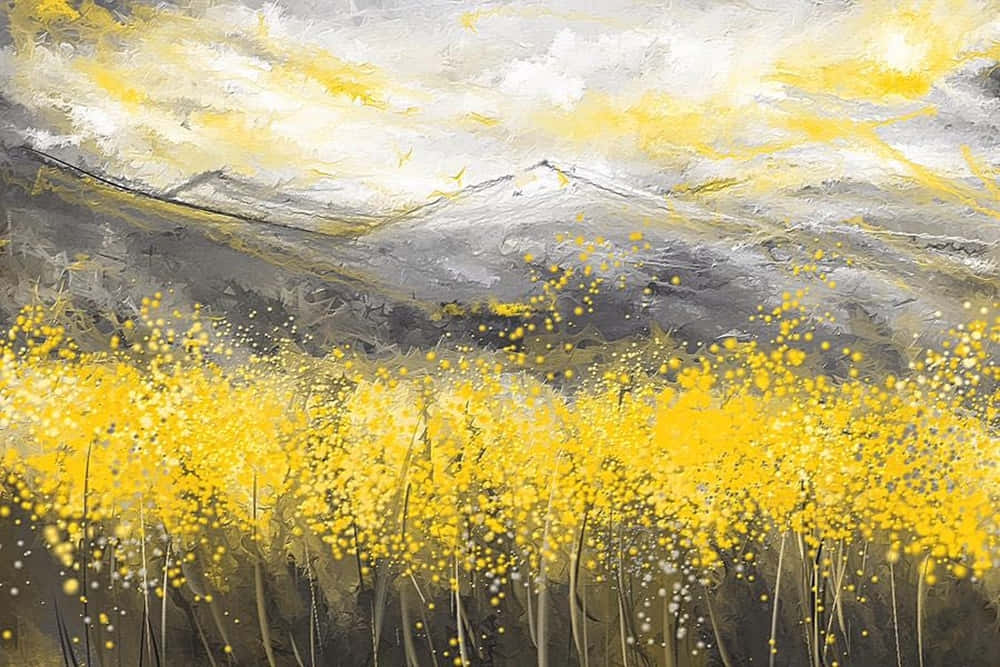 vibrant yellow, wildflowers, gray mountains, SD Desktop Wallpaper