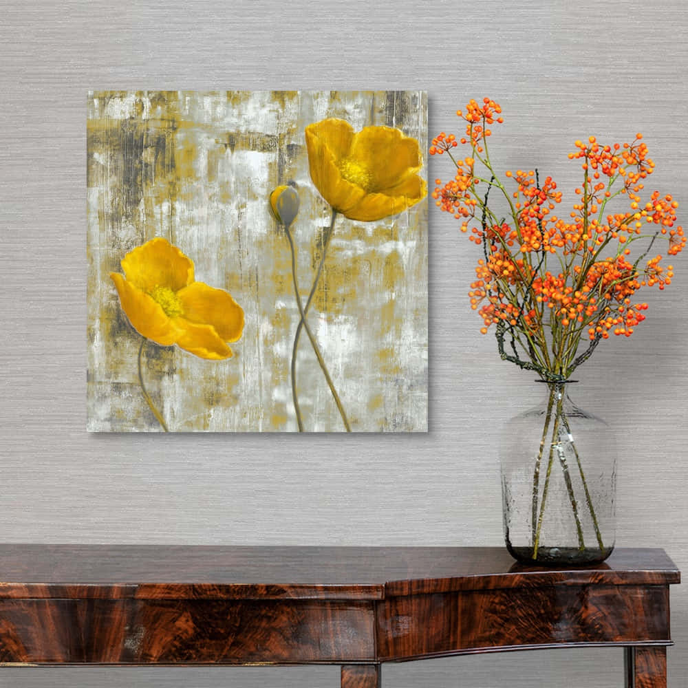 yellow poppies, dark wood console, glass vase, SD Desktop Wallpaper