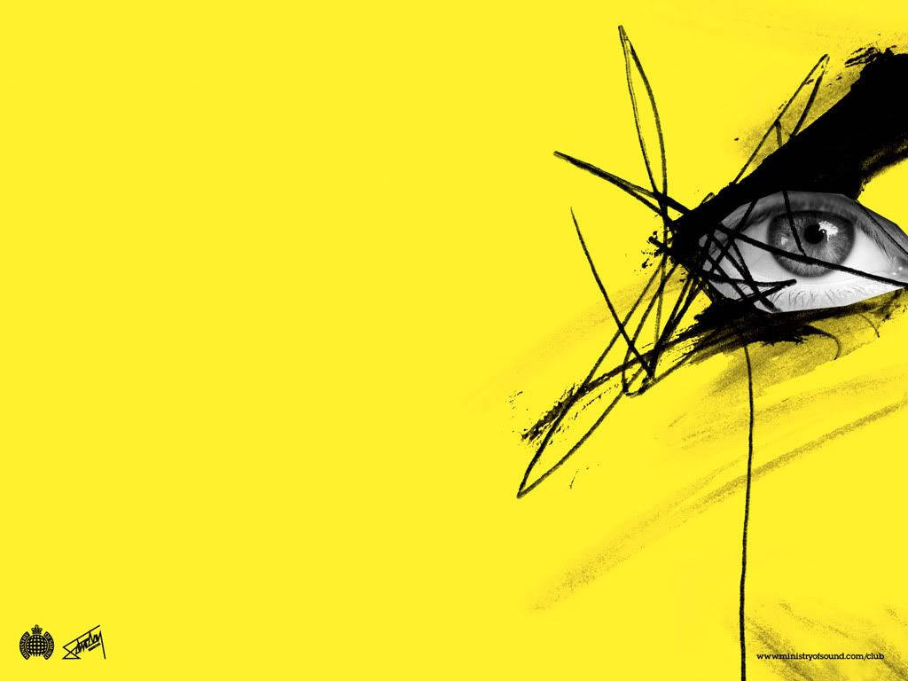 Yellow Eye Art, vivid yellow background, chaotic black brushstrokes, SD Desktop Wallpaper