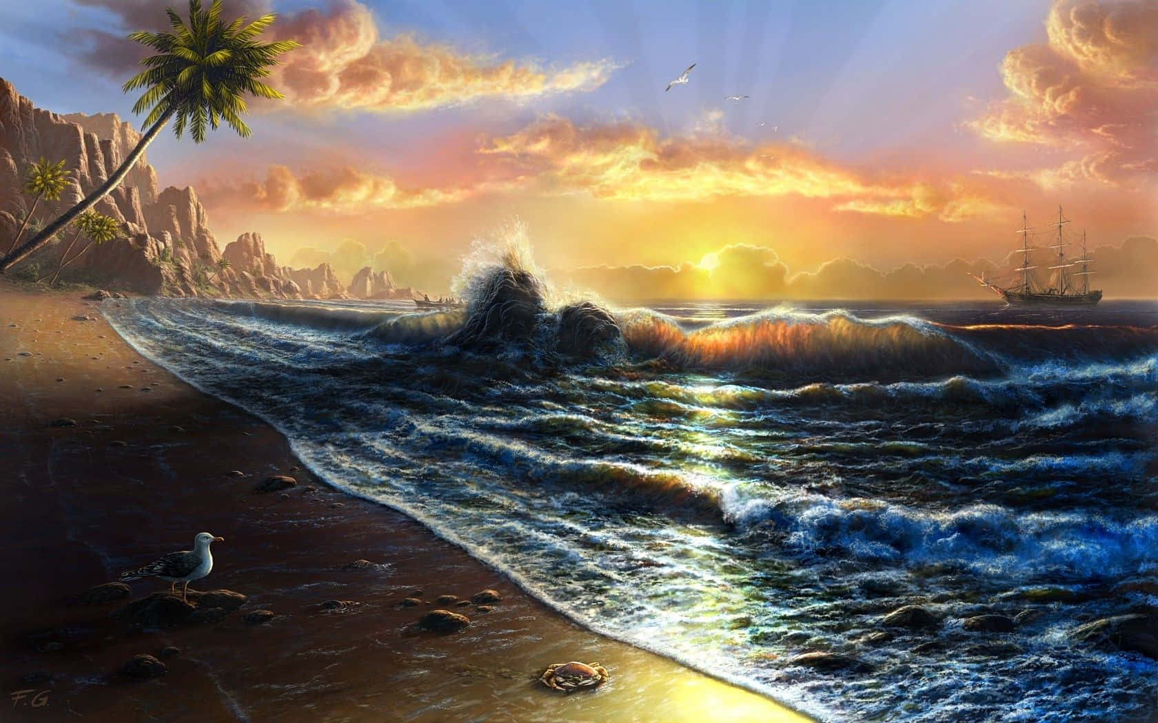 Yellow Beach, sunset, rocky beach, HD Desktop Wallpaper