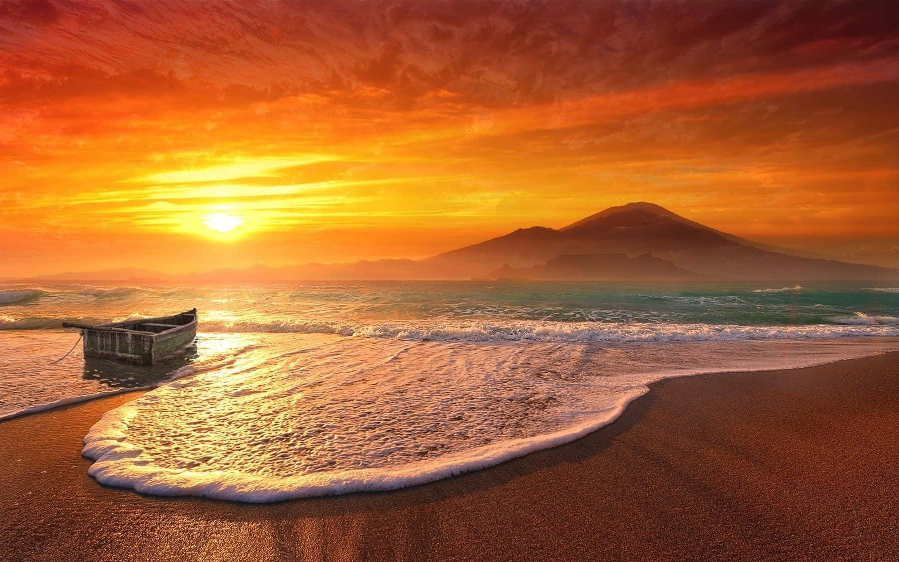 Golden Sands and Turquoise Waves, fiery sunset, sandy beach, HD Desktop Wallpaper