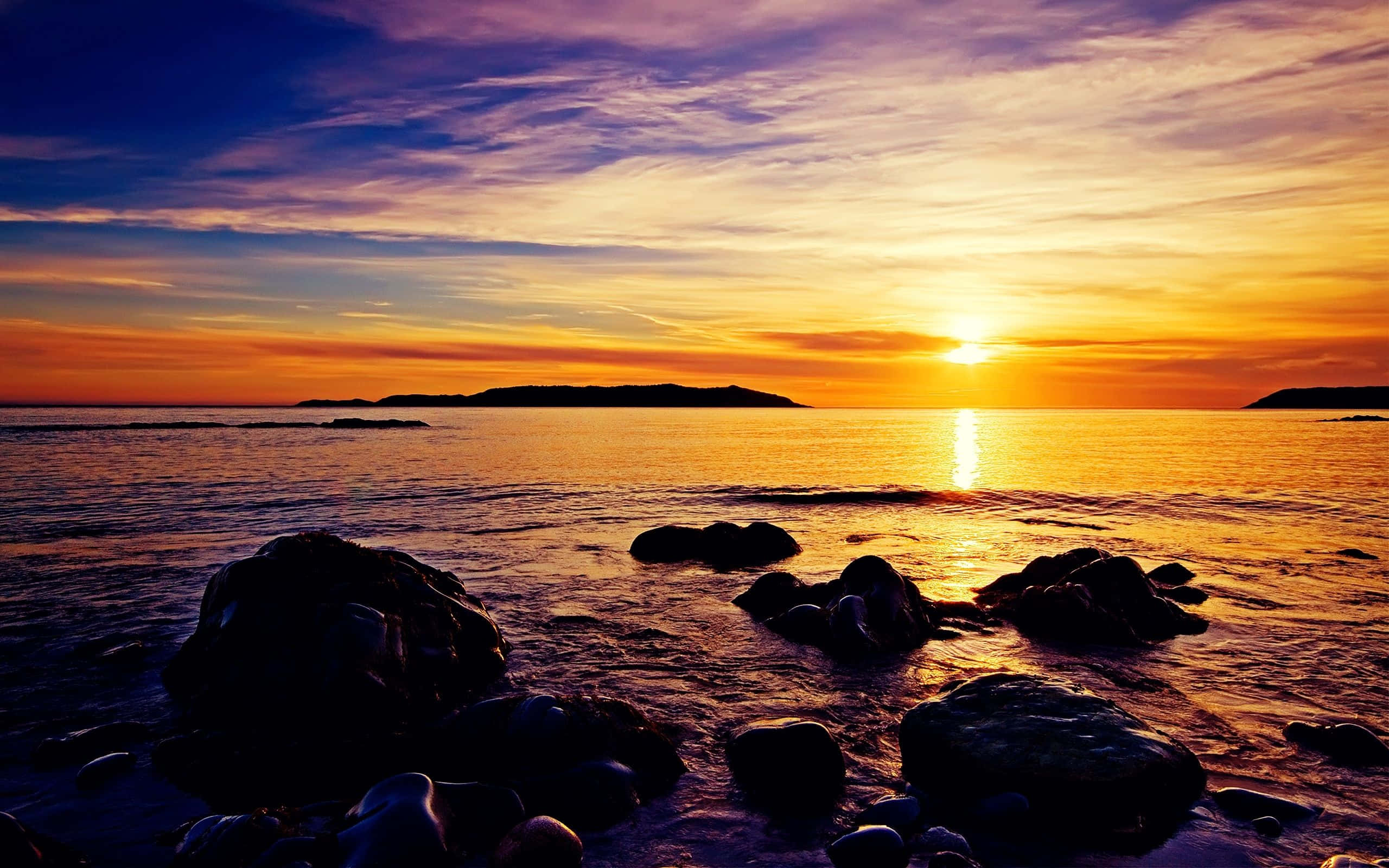 Yellow Beach, Sunset, fiery orange, 2K Desktop Wallpaper