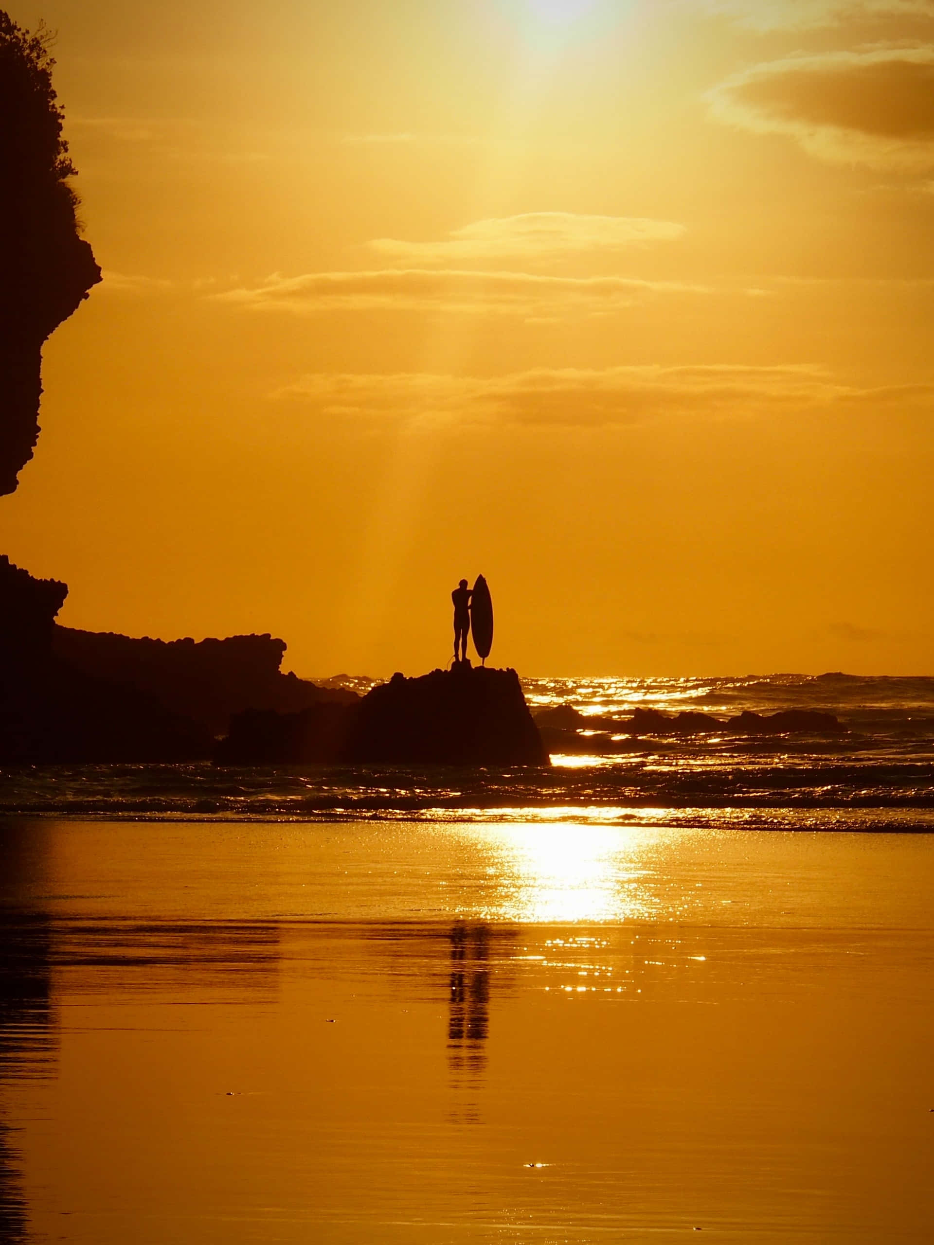 Yellow Beach, sunset, rock, 2K Phone Wallpaper