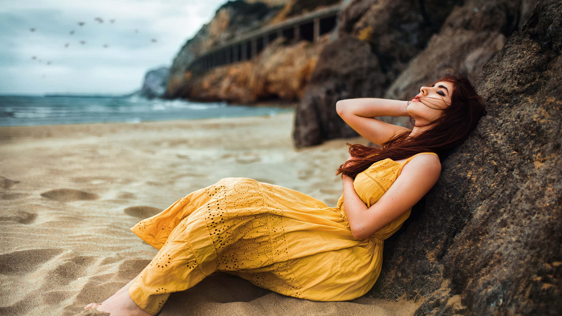 yellow dress, rocky cliff, beach, Full HD Desktop Wallpaper