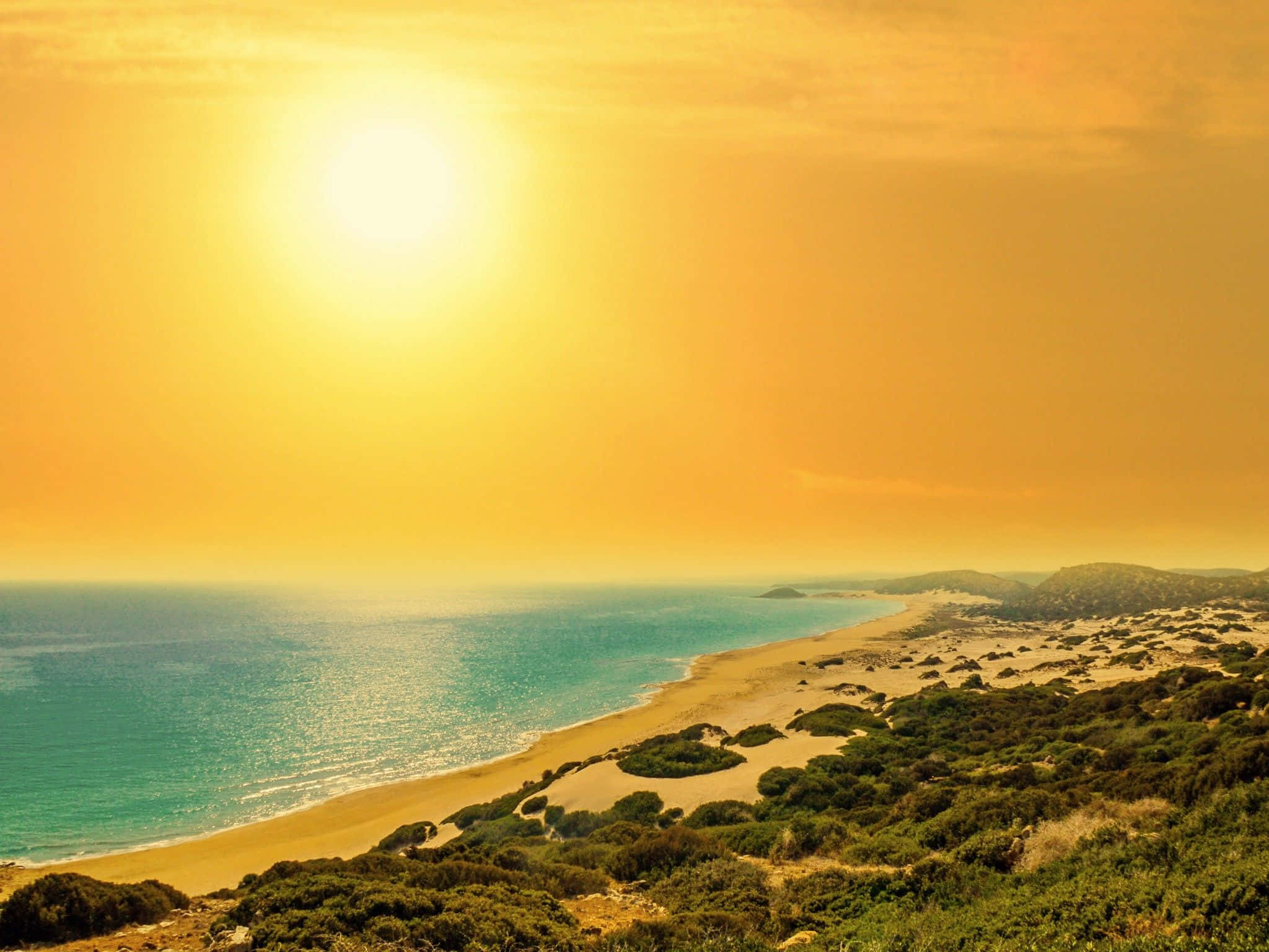 Yellow Beach, Sunset, turquoise waters, Full HD Desktop Wallpaper