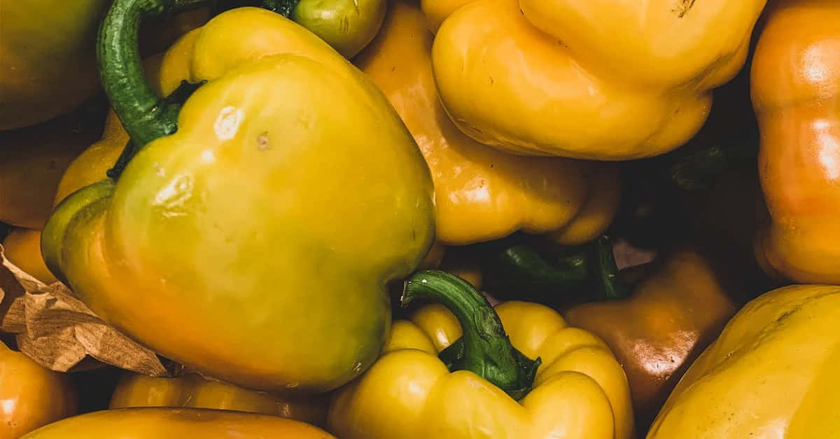 Yellow Bell Pepper, glossy yellow and green bell peppers, dark green stems, SD Desktop Wallpaper