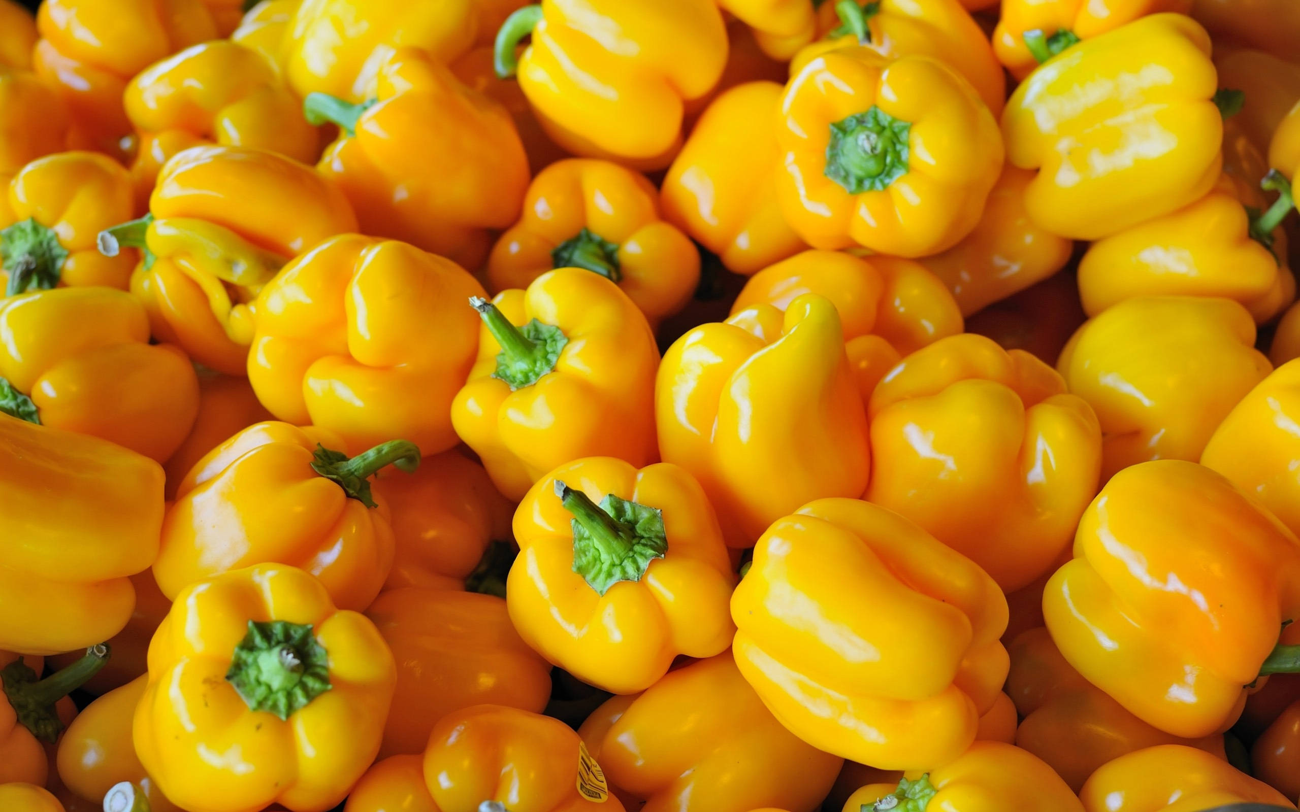 vibrant yellow bell pepper, glossy yellow bell peppers, green stems, 2K Desktop Wallpaper
