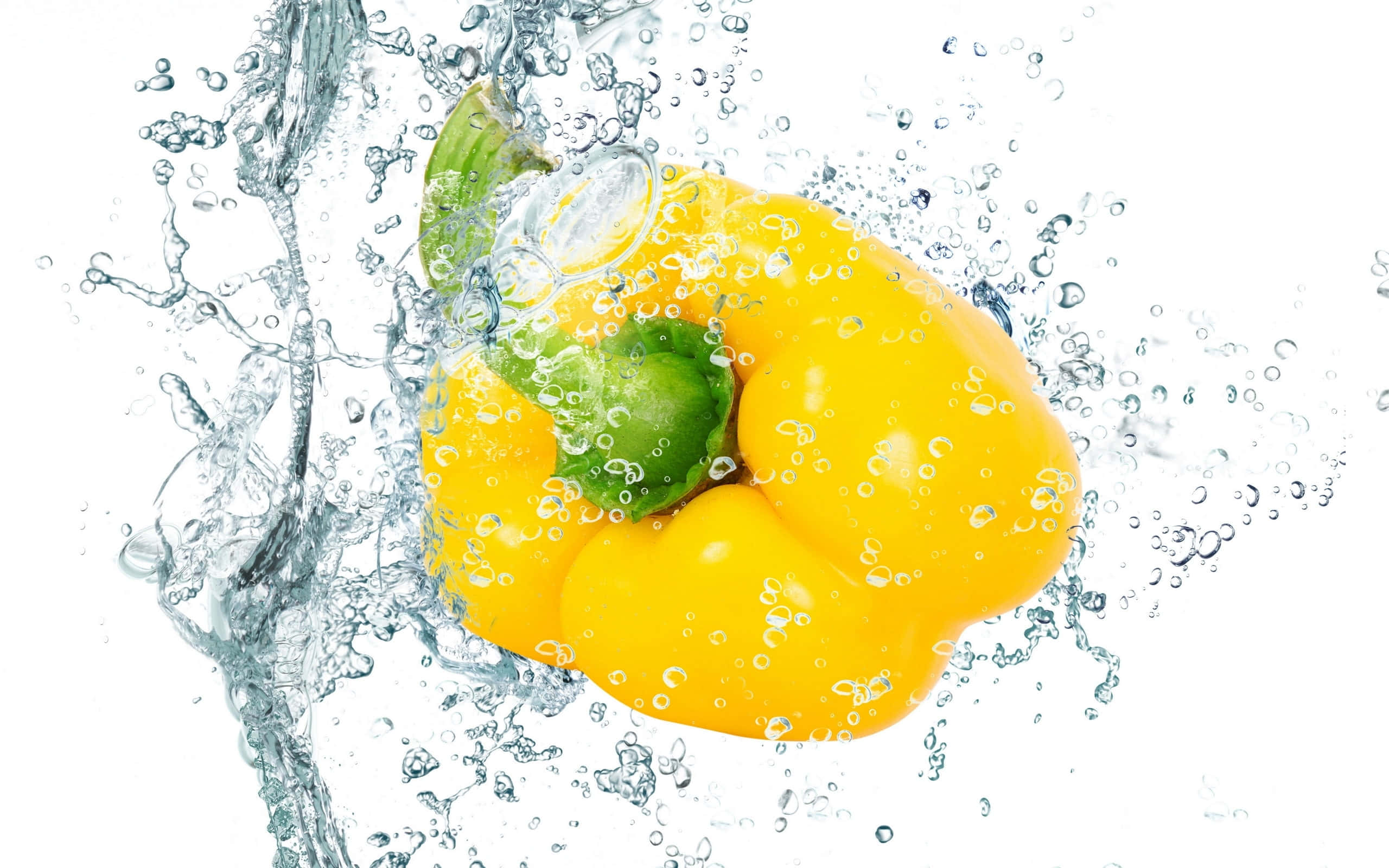 Yellow Bell Pepper, wooden surface, clear water, 2K Desktop Wallpaper