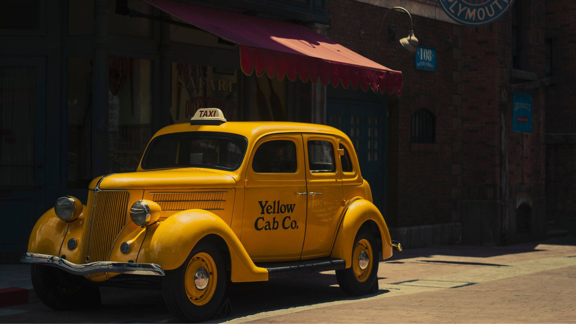 vintage yellow cab, taxi cab, sunlit cobblestone street, Full HD Desktop Wallpaper