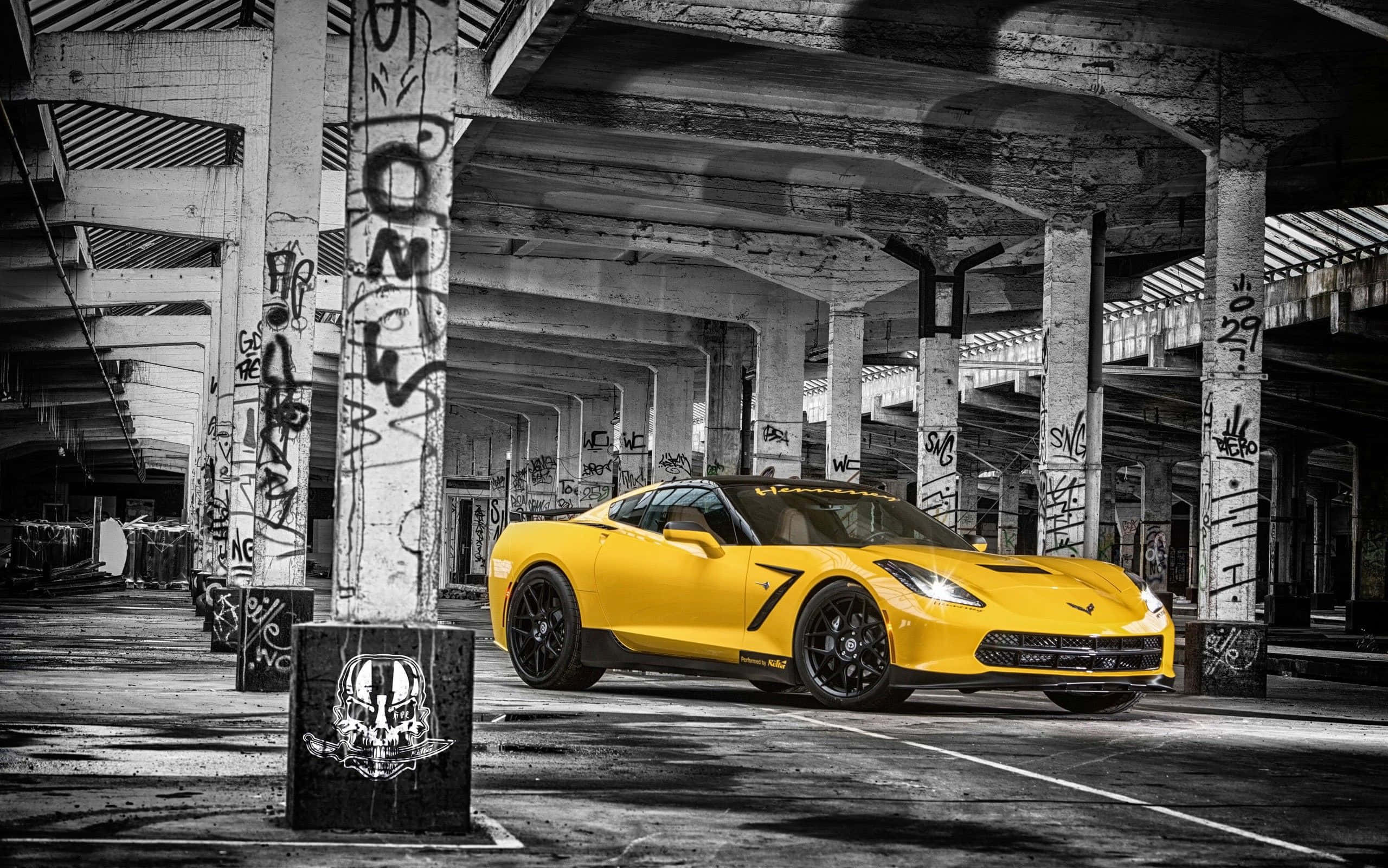 Sleek Yellow Sports Car, vibrant yellow, stark lighting, 2K Desktop Wallpaper