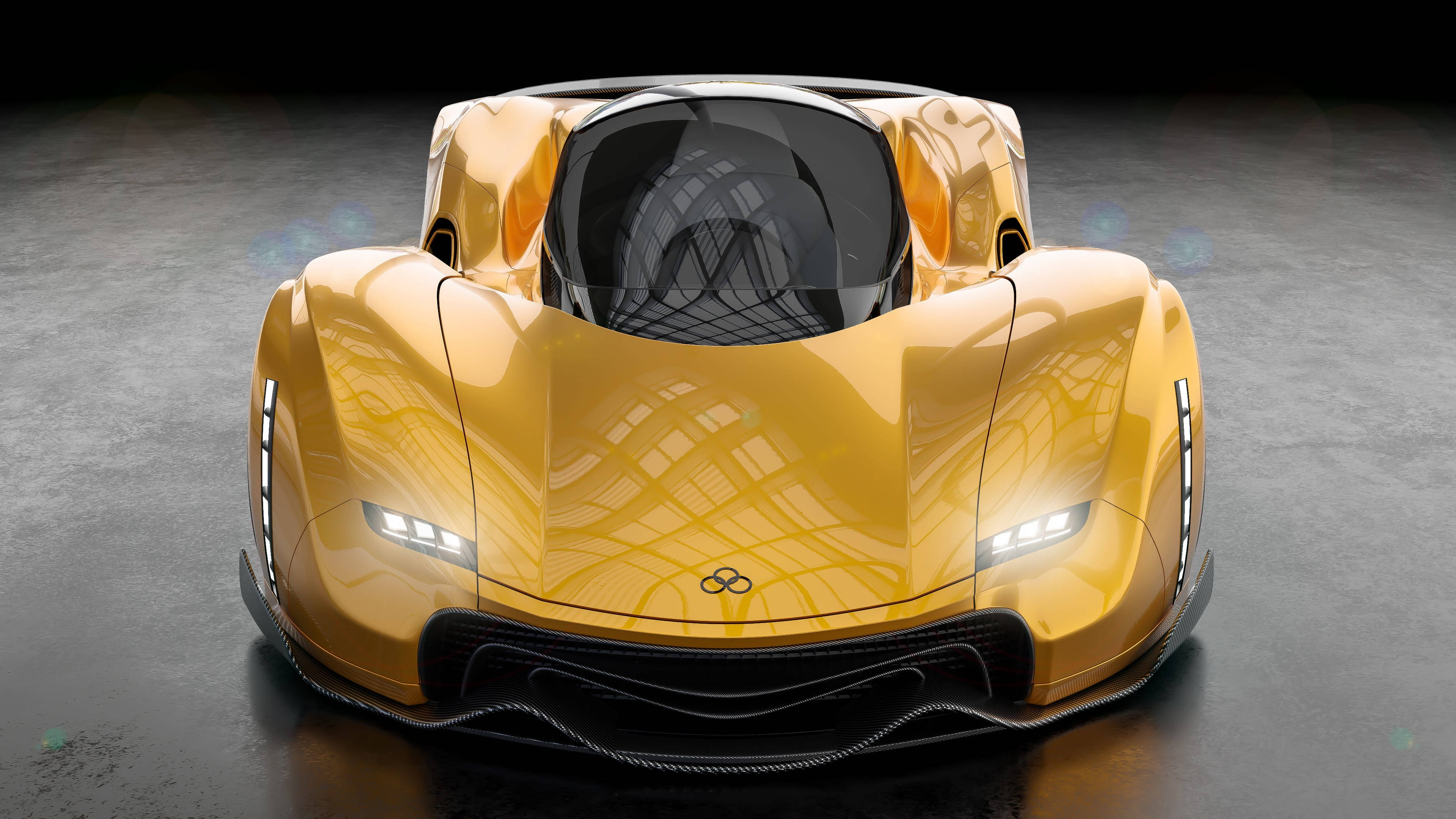 futuristic golden sports car, sleek aerodynamic design, glowing headlights, 4K Desktop Wallpaper