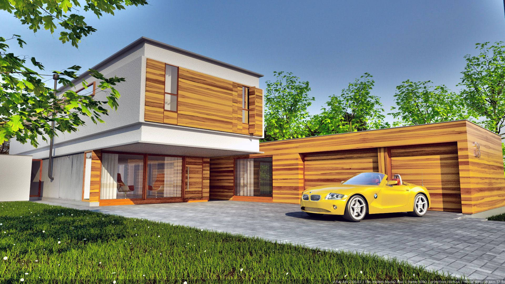 modern wooden house, glass walls, yellow convertible, Full HD Desktop Wallpaper