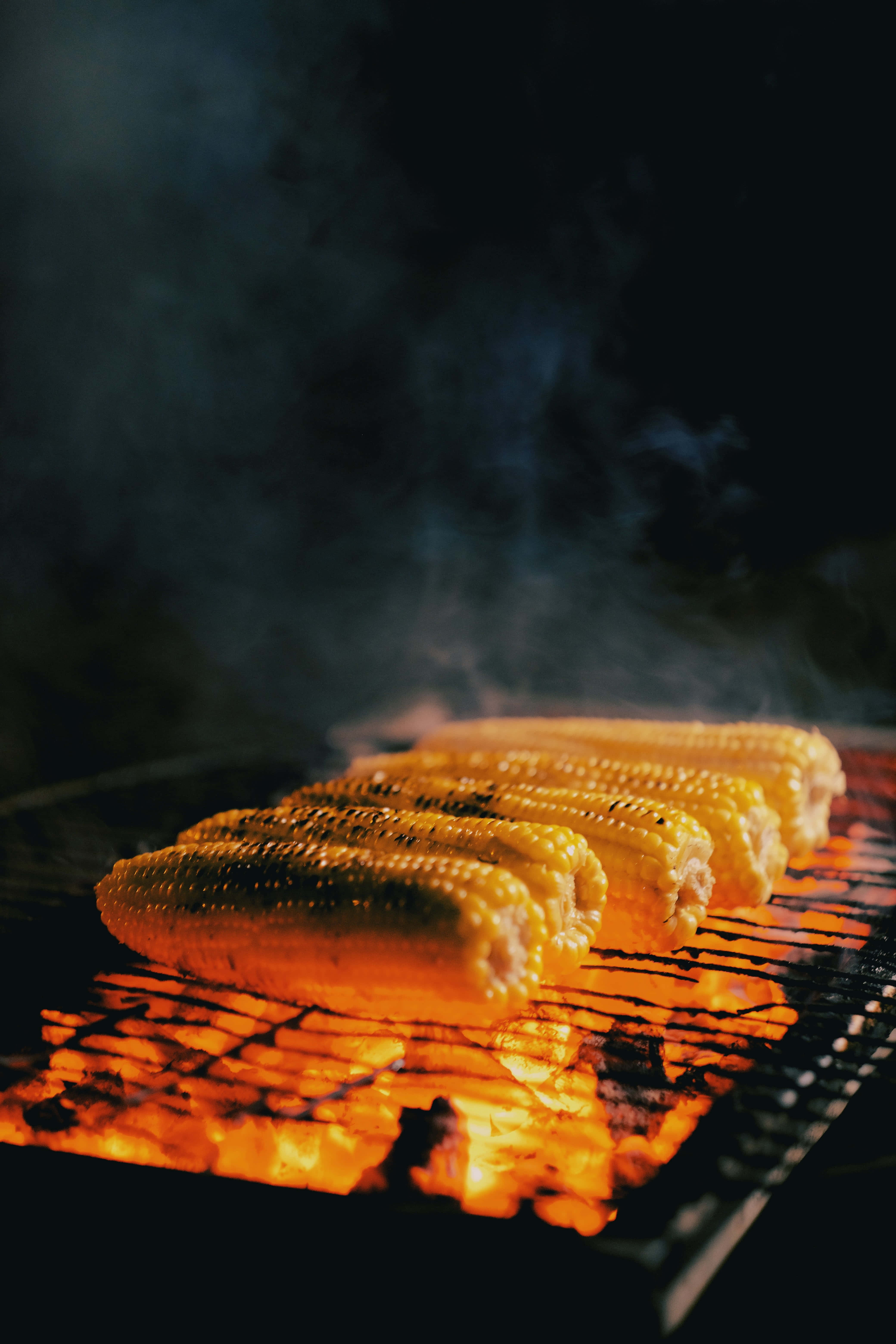 Yellow Corn, golden corn on the cob, grills over glowing embers, 5K Phone Wallpaper